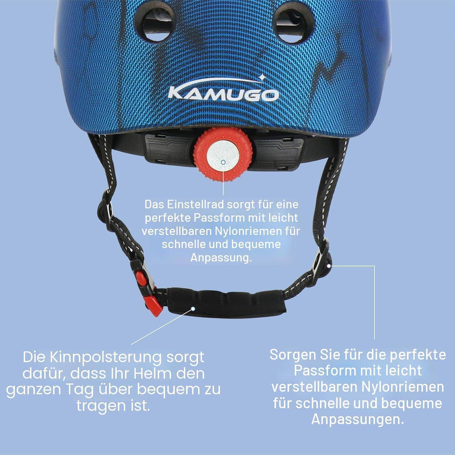 Blauer KAMUGO-Fahrradhelm in Vorderansicht mit Kinnriemen und Verstellrad, über deutschem Text, der den verstellbaren Nylonriemen und die Kinnpolsterung für einen komfortablen Sitz erklärt.