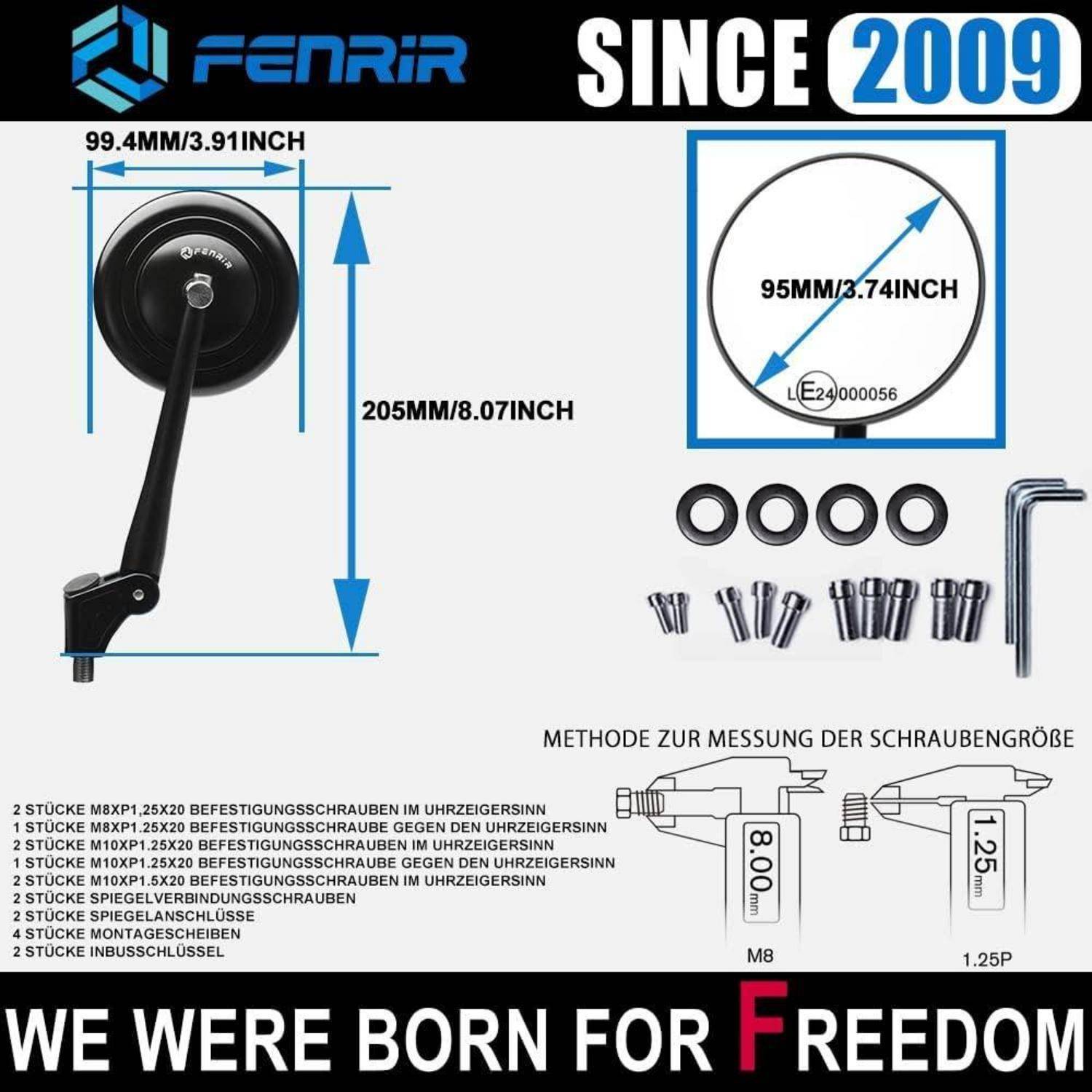 Produktbild eines Fenrir-Motorrad-Spiegelsets, das einen runden Spiegel, einen Arm, mitgelieferte Bolzen und Unterlegscheiben, Größenmessungen und den Text „Since 2009