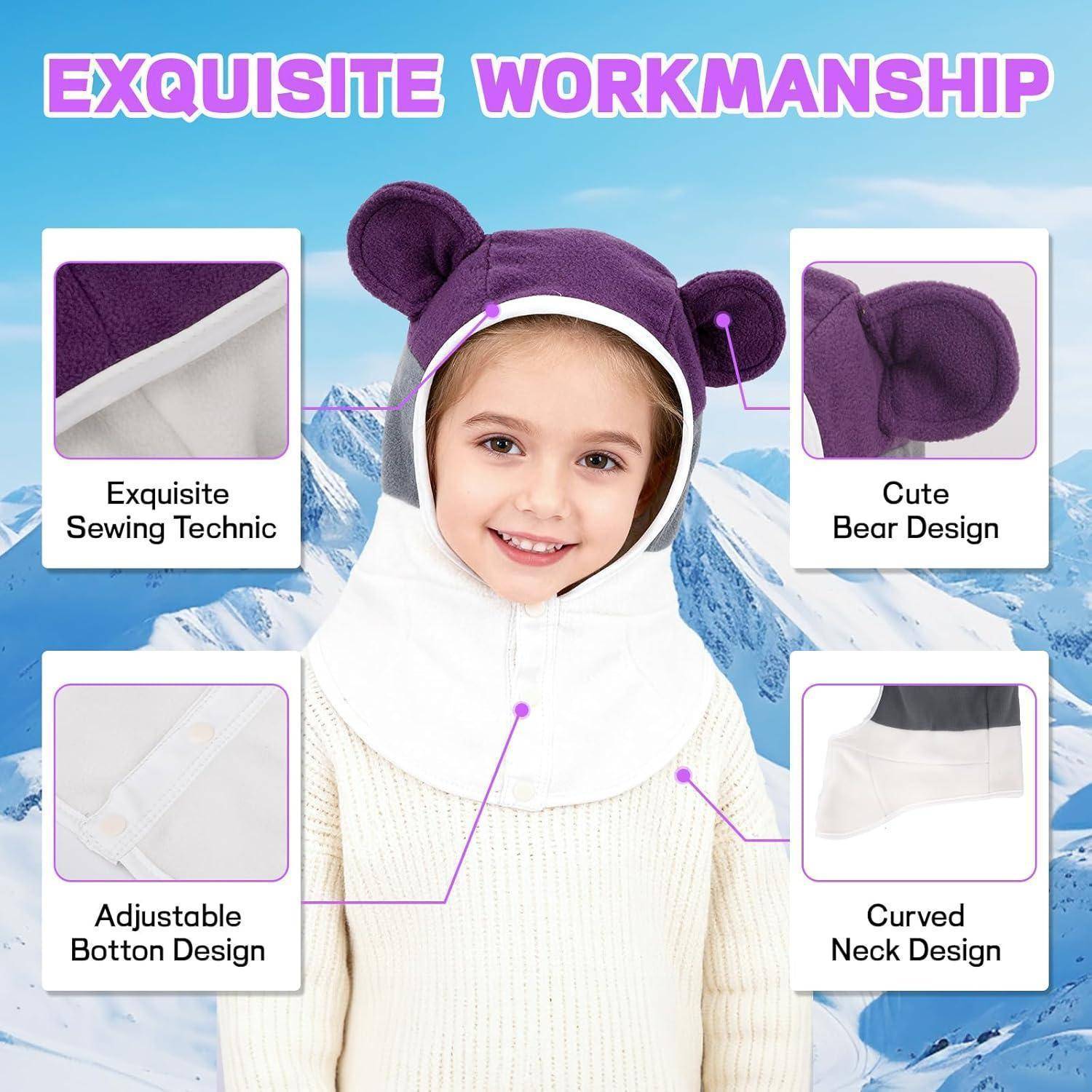 Werbebild eines Kindes mit einer weißen Wintermütze mit violetten Bärenohren und einem Nackenmanschette, gekennzeichnet mit Eigenschaften: exquisite Nähte, niedliches Bärendesign, verstellbares Knopfdesign, geschwungenes Nackendesign.