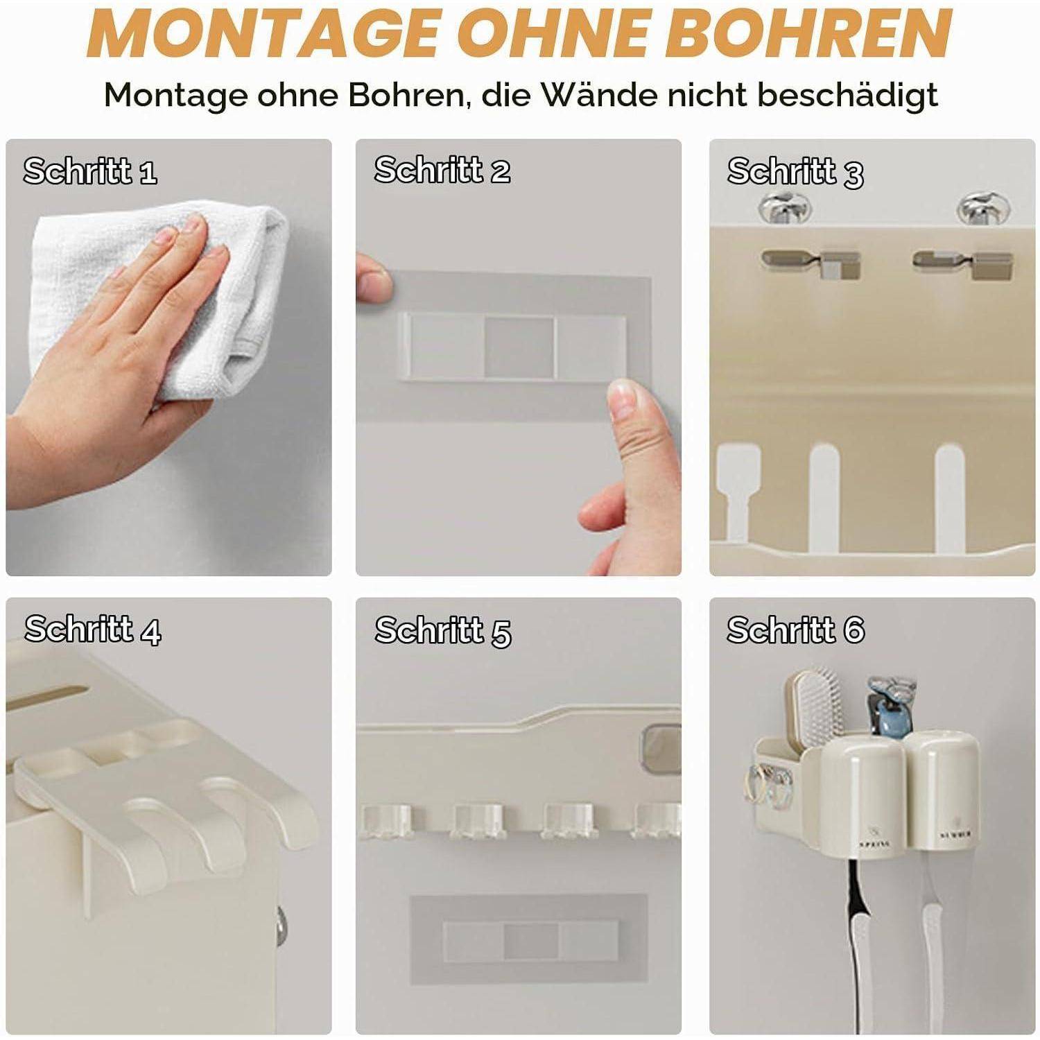 Anleitung zur bohrfreien Montage: Wand reinigen, Klebestreifen anbringen, Halter befestigen, dann Badezimmerartikel wie Tassen und Zahnbürsten aufhängen.