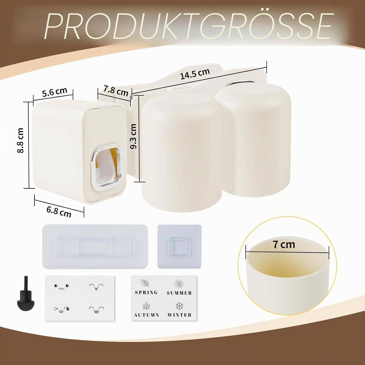 Größendiagramm des Produkts mit einem Toilettenpapierhalter: 14,5 cm breit, 9,3 cm hoch, 5,6 cm tief, mit Rollen und mitgelieferten Etiketten für die saisonale Verwendung.