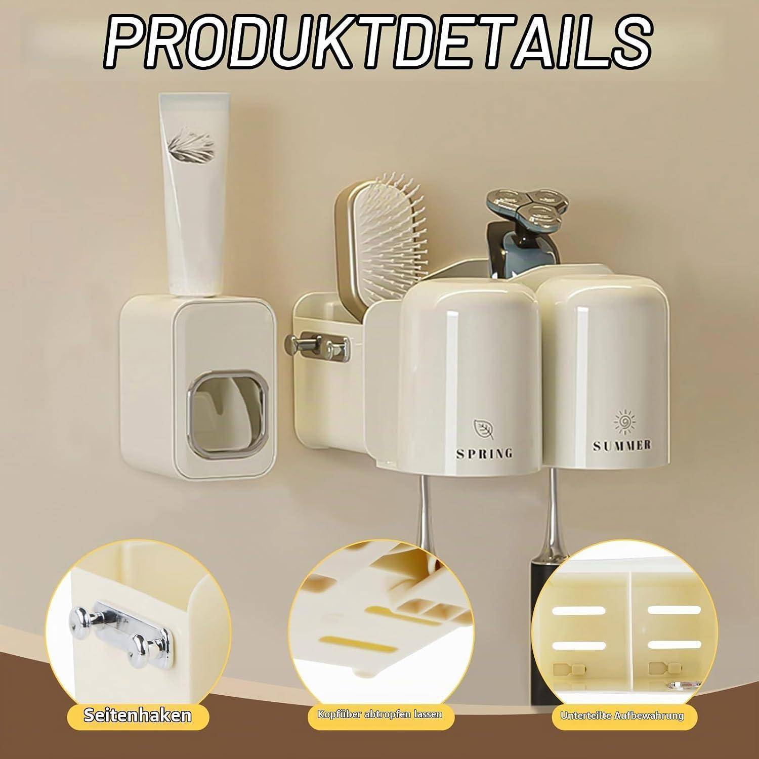 Produktdetailbild eines wandmontierten Badezimmerorganizers mit Zahnbürstenbecher, Haarbürsenhalter und Rasierer; gekennzeichnet mit Frühlings- und Sommerabteilungen, sowie Nahaufnahmen der Montagefunktionen.