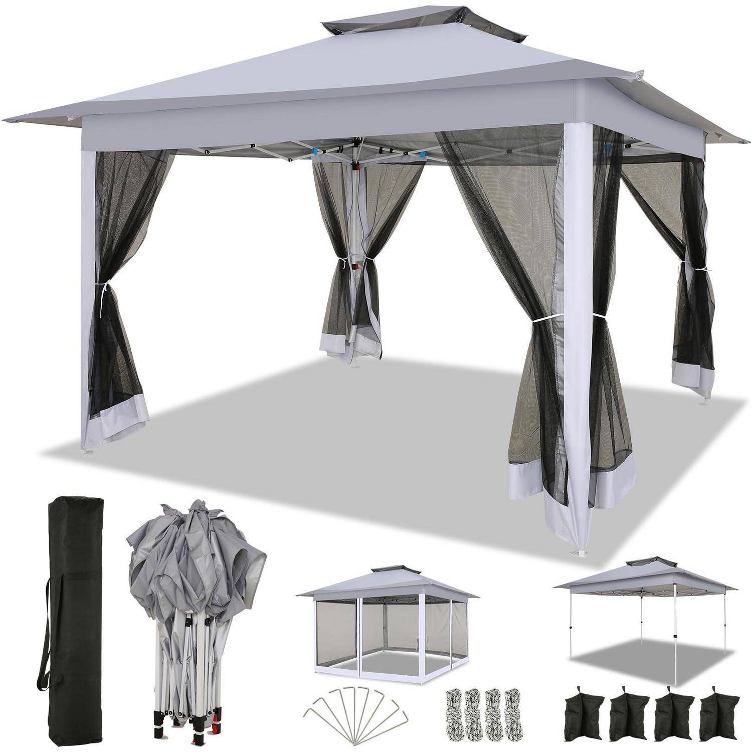 Grauer Pop-Up-Gazebo-Baldachin mit Meshvorhängen und enthaltener Tragetasche, eingeklapptem Gestell, Heringen und Sandsäcken, dargestellt als Produktteile.