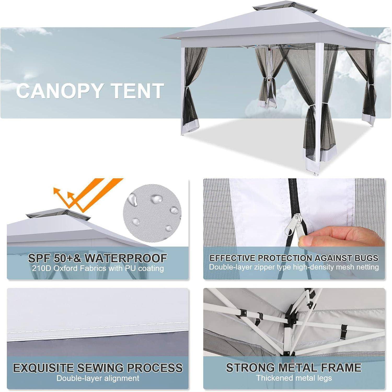 Produktbild eines Pavillons mit einer grau gefärbten Outdoor-Zelt mit offenen Seiten und Funktionsbeschriftungen: wasserdichter Stoff, Insektenschutz, saubere Nähte und Metallrahmen.