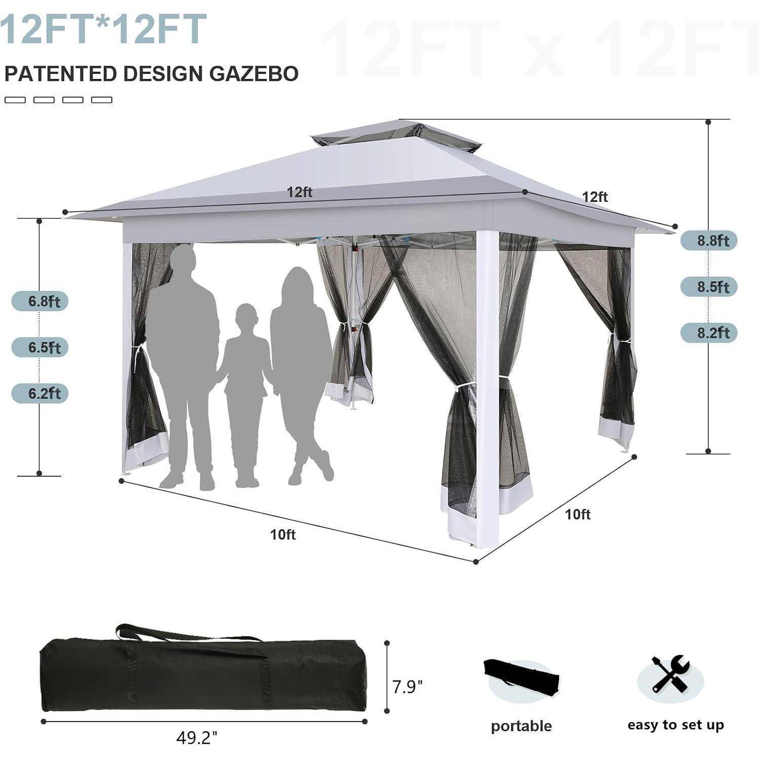 Illustration eines patentierten Gazebo-Designs mit den Maßen 12 Fuß x 12 Fuß, einer Spitzenhöhe von 8,8 Fuß, Seitengardinen und einer tragbaren Tragetasche, wie unten dargestellt.