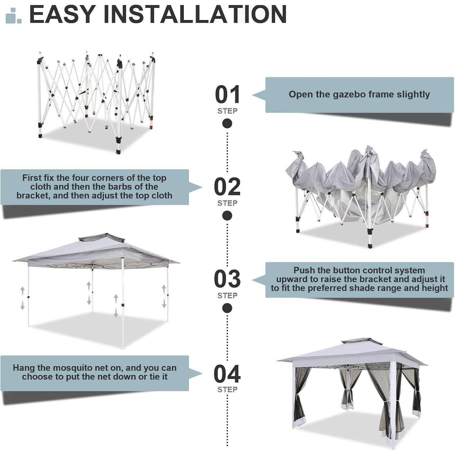 Infografik mit dem Titel „EINFACHE INSTALLATION" zeigt vier Schritte zum Zusammenbau und zur Anpassung eines Pop-up-Pavillons mit Baldachin und Moskitonetz: Rahmen öffnen, Oberflächengewebe befestigen, Höhe anheben und einstellen, dann Netz aufhängen.