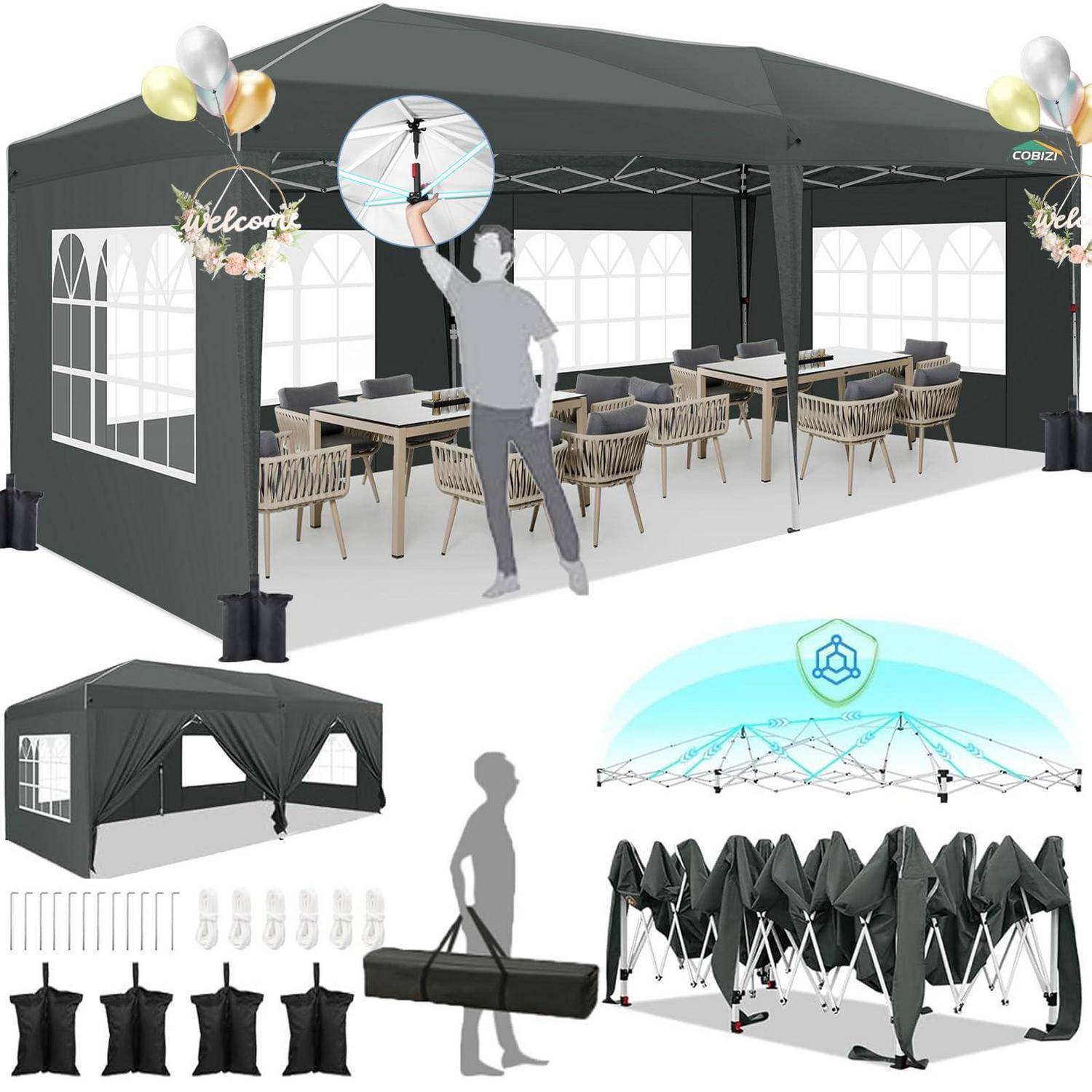 Produktcollage eines schwarzen Pop-Up-Baldachins, gezeigt mit montiertem Zelt mit Tischen und Stühlen, sowie gefalteter Rahmen, Tragetasche, Heringe, Gewichte und gestapelte Verlängerungssegmente.