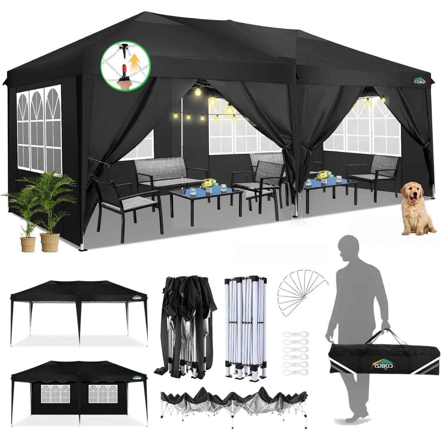 Schwarzes Outdoor-Pavillon-Zelt mit Seitengardinen, Fenster, Möbeln und Aufbewahrungstasche; Detailbilder zeigen Aufbau, zusammengeklappten Rahmen und Einzelteile.