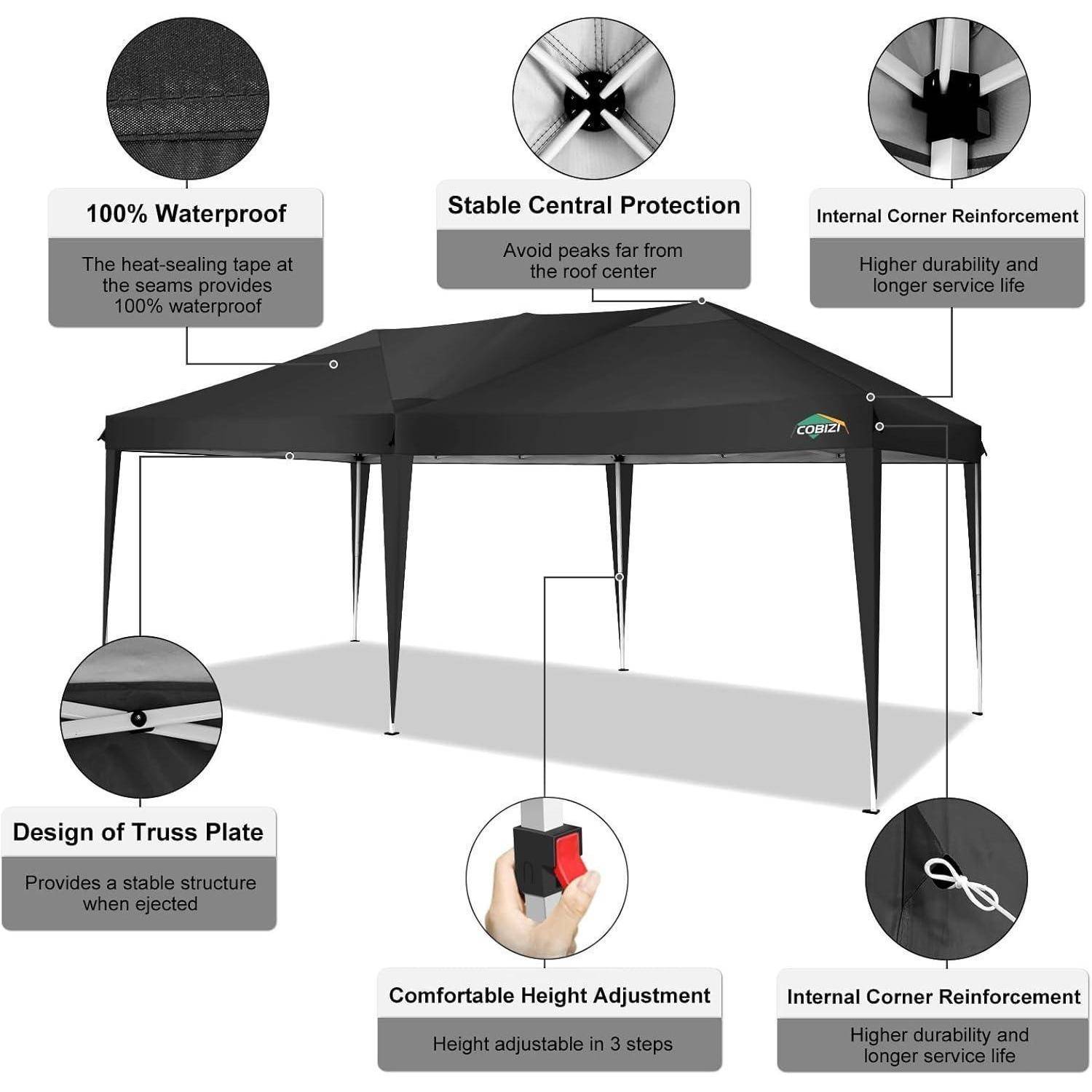 Schwarzes Pop-Up-Baldachindach mit beschrifteten Hinweisen, die 100% wasserdichtes Gewebe, stabile Fachwerk-Konstruktion, Verstärkung der inneren Ecken und dreitstufige Höhenverstellung hervorheben.
