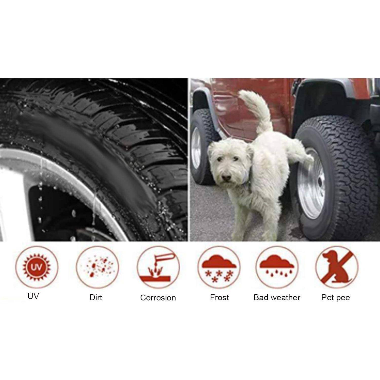 Autoreifenschützer schützt vor UV-Strahlung, Schmutz, Korrosion, Frost, schlechtem Wetter und Urinschäden durch Haustiere. Ein Hund steht neben einem Lastwagireifen.