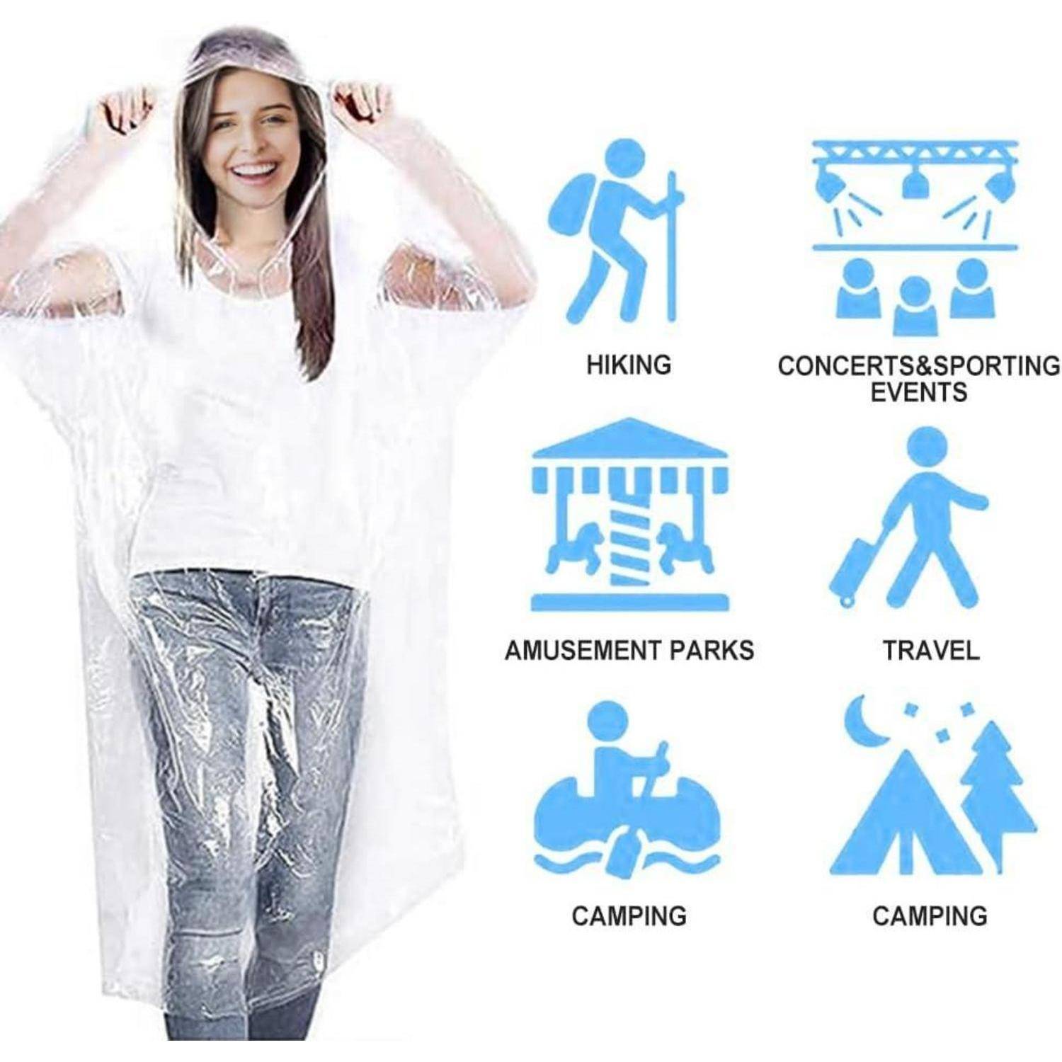 Frau, die einen durchsichtigen Regenponchos mit Kapuze trägt, dargestellt neben Symbolen und Beschriftungen für die Verwendungszwecke Wandern, Konzerte, Freizeitparks, Reisen und Camping.