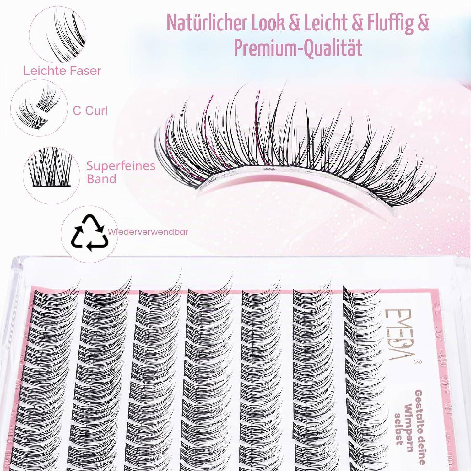 Deutsche Wimpernverlängerungsverpackung mit wiederverwendbaren C-curl Kunststoffwimpern mit Text „Natürlicher Look & Leicht & Fluffig & Premium-Qualität
