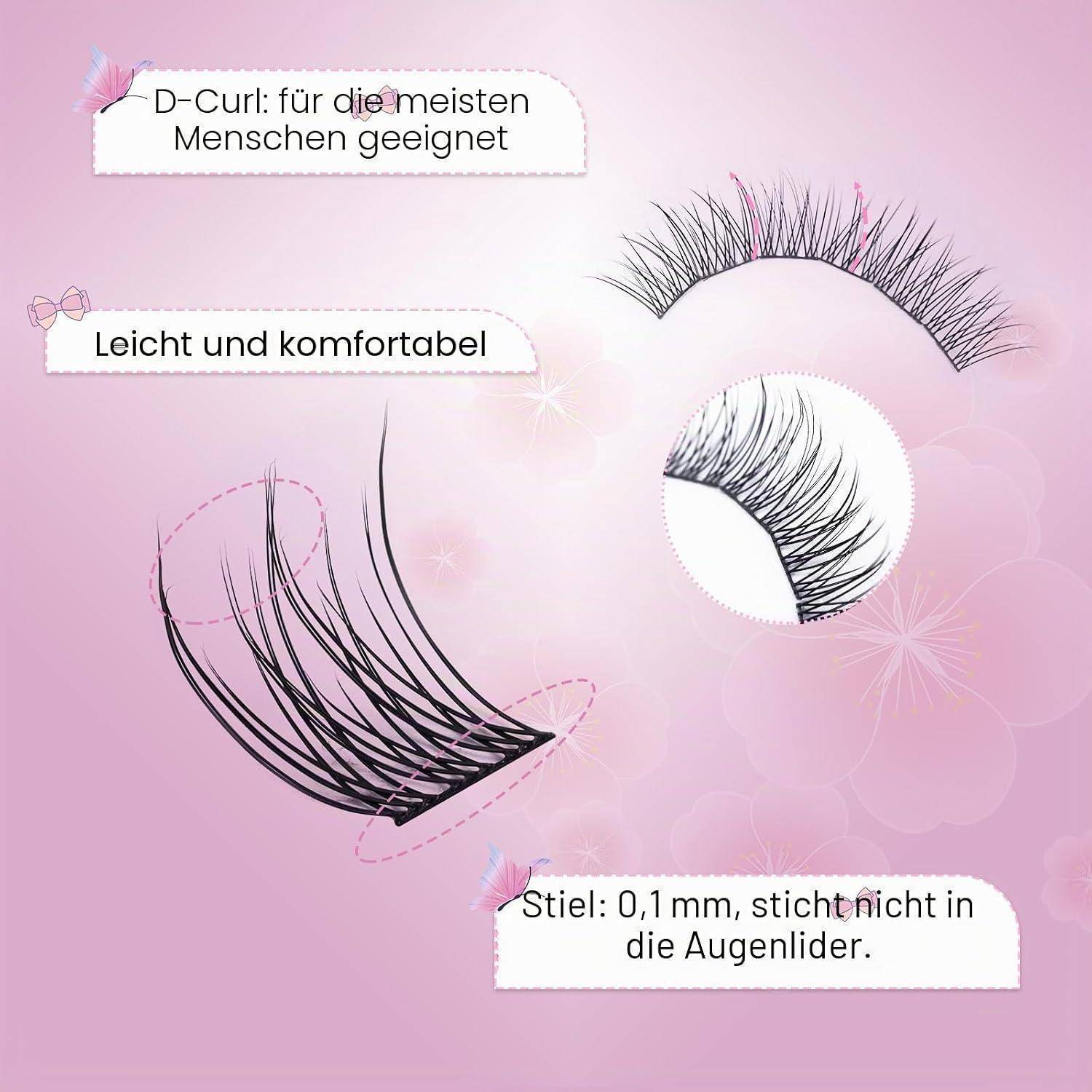 Diagramm mit den Merkmalen von künstlichen Wimpern: D-Wölbung passt zu den meisten Menschen, leicht und bequem, 0,1 mm dünner Wimpernkranz, der die Augenlider nicht reizt.