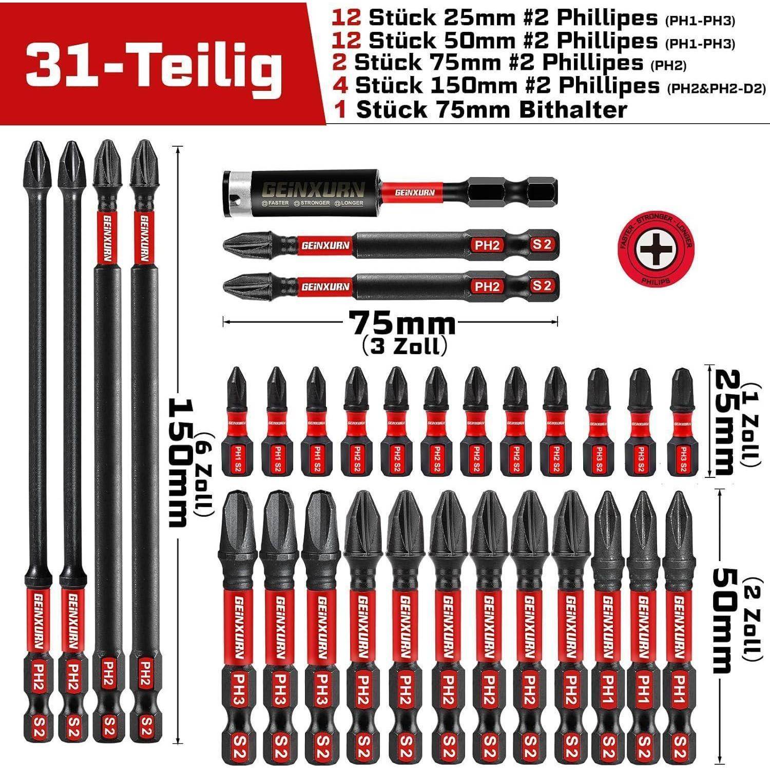 31-teiliger Schraubendreher-Bitsatz zeigt Phillips-Bits in 25 mm, 50 mm, 75 mm und 150 mm Längen, plus ein Bithalter, mit Mengenliste.