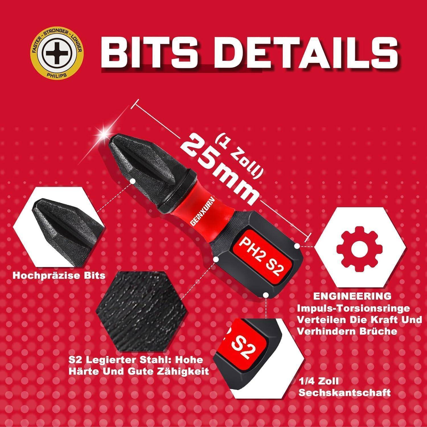 Grafische Werbung Philips-Bits Details: 25mm PH2 S2 Bit, Sechskantschaft, konstruierte Torsionsringe; deutscher Text hebt hohe Präzision, dauerhaftes S2-Stahl und Kraftverteilung zur Bruchverhütung hervor.
