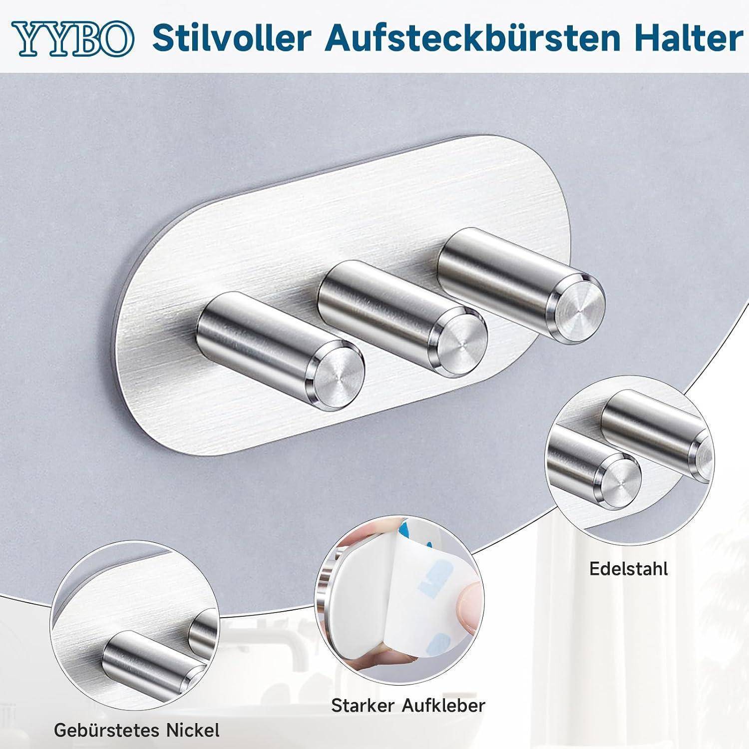 Produktbild eines gebürsteten Zahnbürstenhalters aus Edelstahl mit drei wandmontierten Haken, auf Deutsch gekennzeichnet mit den Merkmalen: 'Gebürstetes Nickel', 'Starker Aufkleber' und 'Edelstahl'.