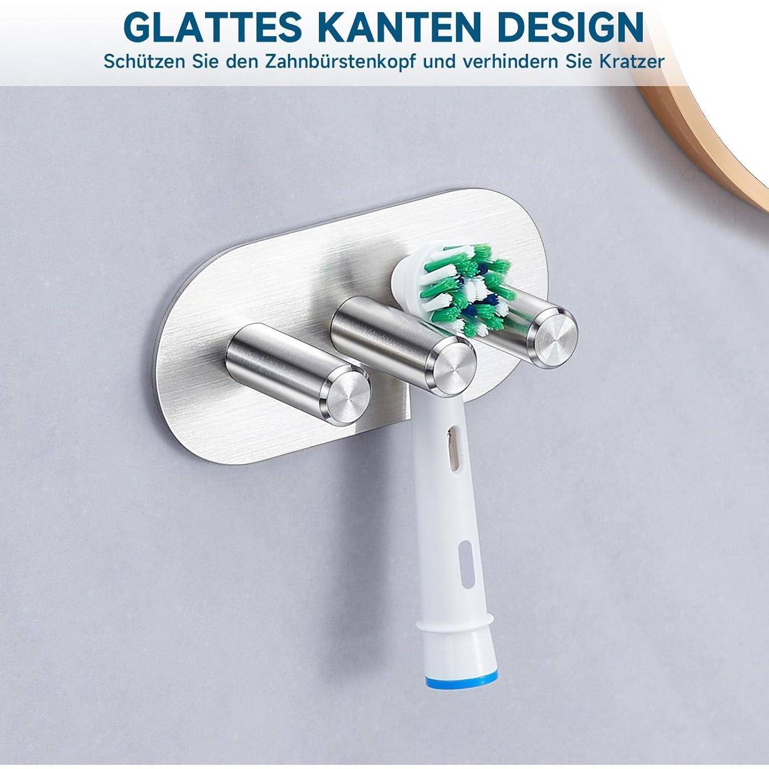 Wandmontierter Zahnbürstenhalter aus Edelstahl mit glatten abgerundeten Haken, der eine Zahnbürste hält; der Text lautet „GLATTES KANTEN DESIGN