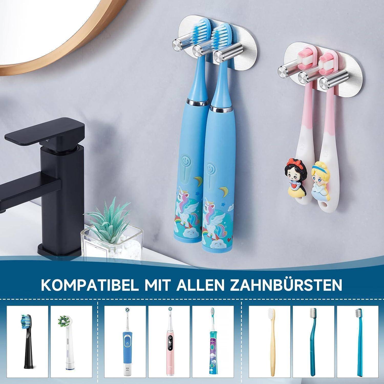 Badezimmerwandhalter für Zahnbürsten mit Haken zeigen mehrere elektrische und manuelle Zahnbürsten; Banner liest 