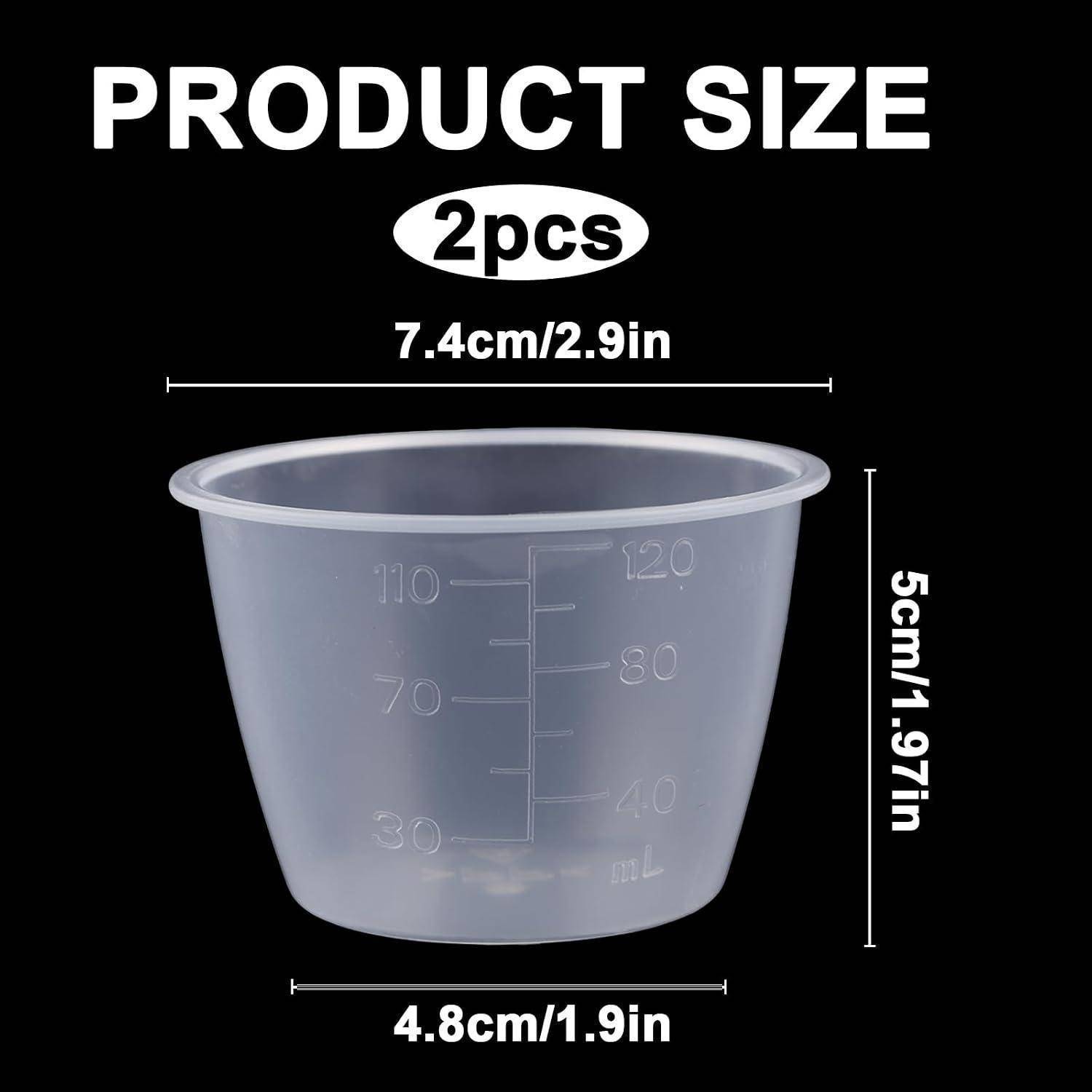 Produktgrößen-Grafik für 2 Kunststoffbecher: Oberweite 7,4 cm, Höhe 5 cm, Unterweite 4,8 cm; Becher mit mL-Messskala markiert.