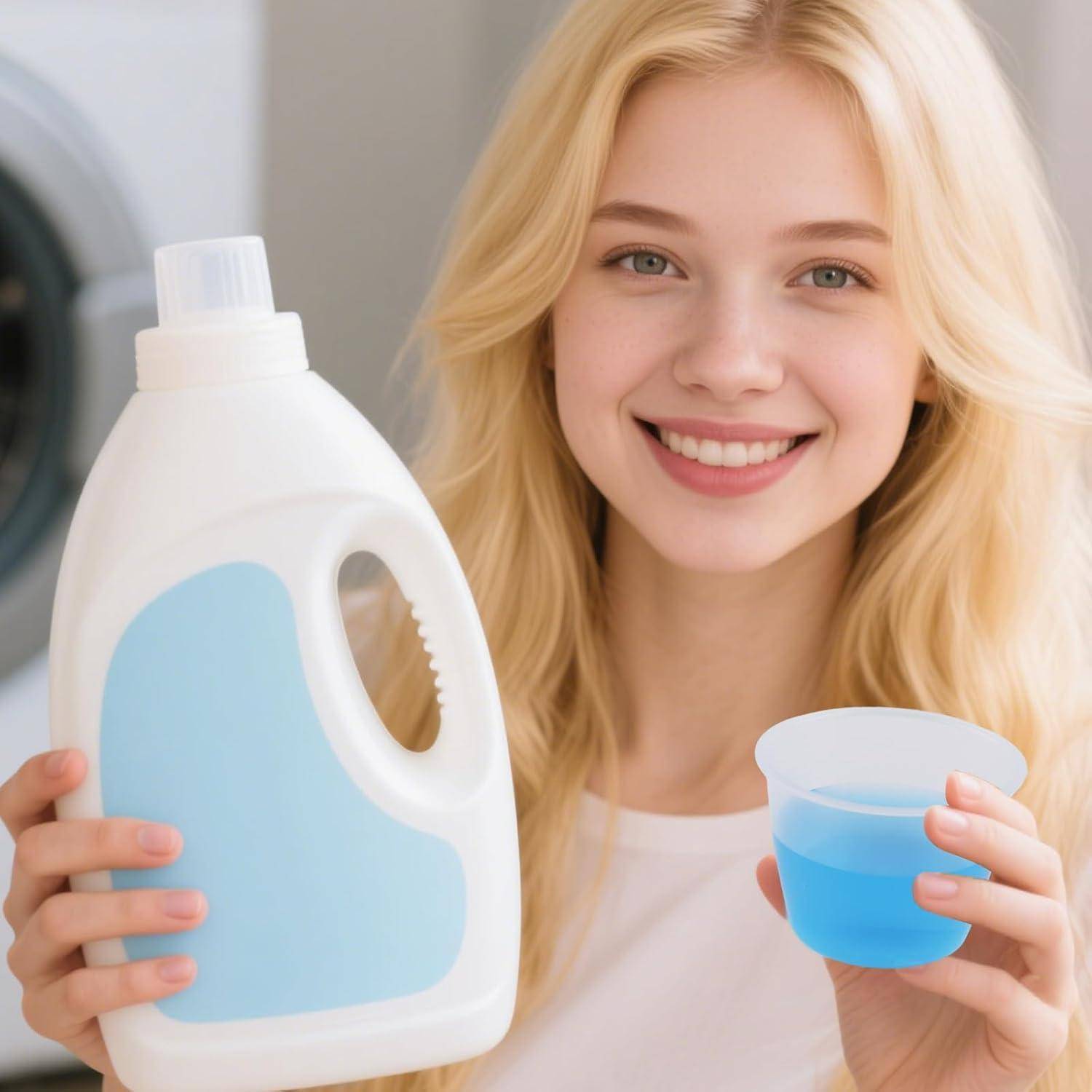 Eine lächelnde Frau hält eine große Waschmittelflasche und eine Tasse mit blüssiger Flüssigkeit, was auf die Verwendung von Wäsche- oder Reinigungsprodukten hindeutet.
