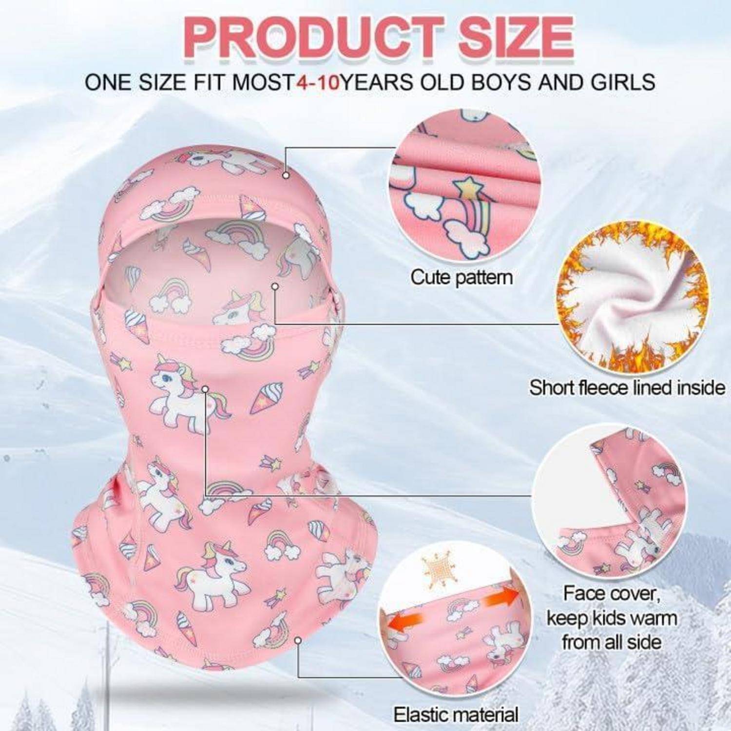 Rosa Sturmhaube/Gesichtsmaske für Kinder mit Einhorn-Druck, Größe passt den meisten 4-10 Jahre alten Jungen und Mädchen, mit süßem Muster, Fleece-Futter und elastischem Material.