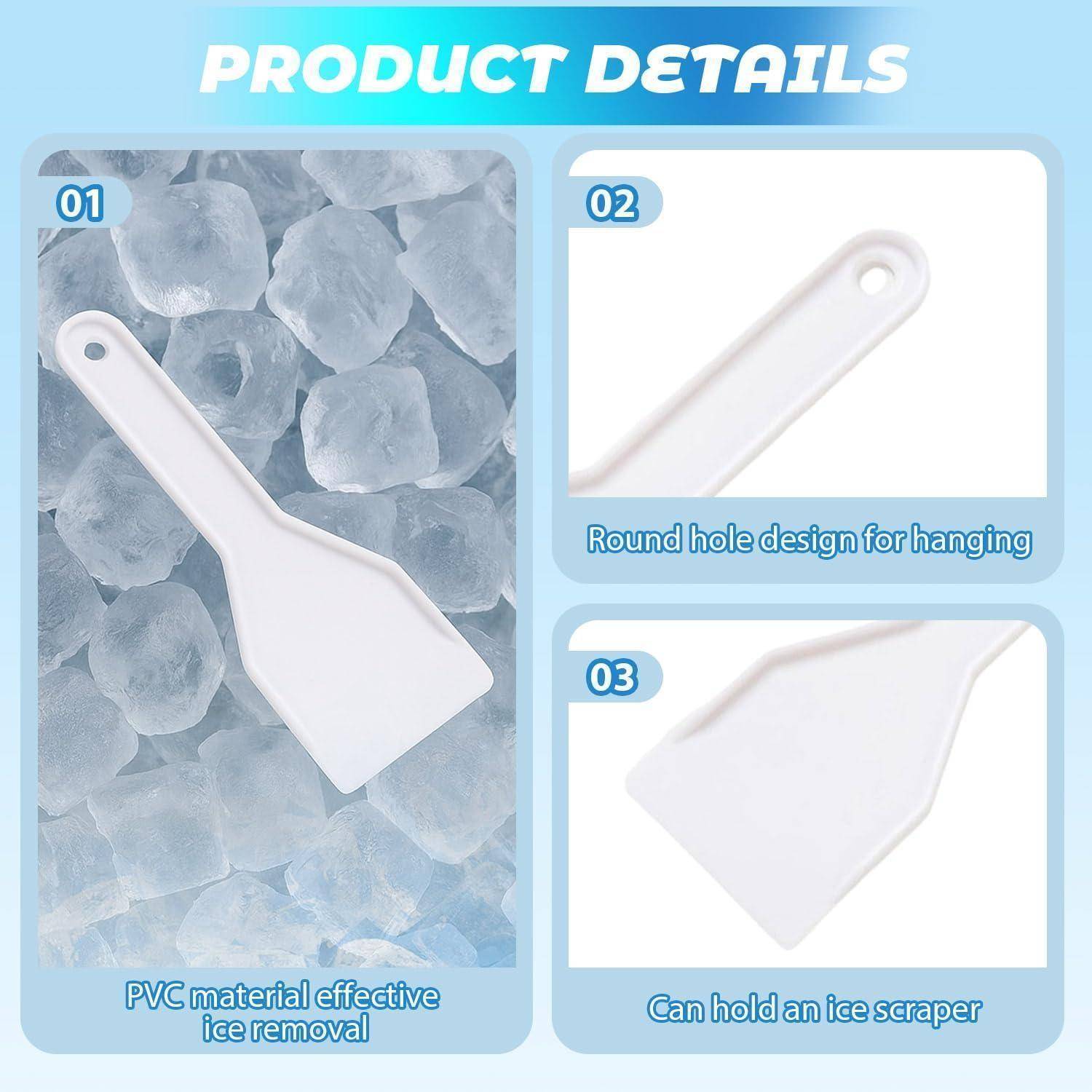 Produktdetails-Grafik mit einem weißen Kunststoffeiskratzer; Beschriftungen weisen auf PVC-Material zur effektiven Eisentfernung, rundes Aufhängeloch und Griffigkeit des Kratzers hin.