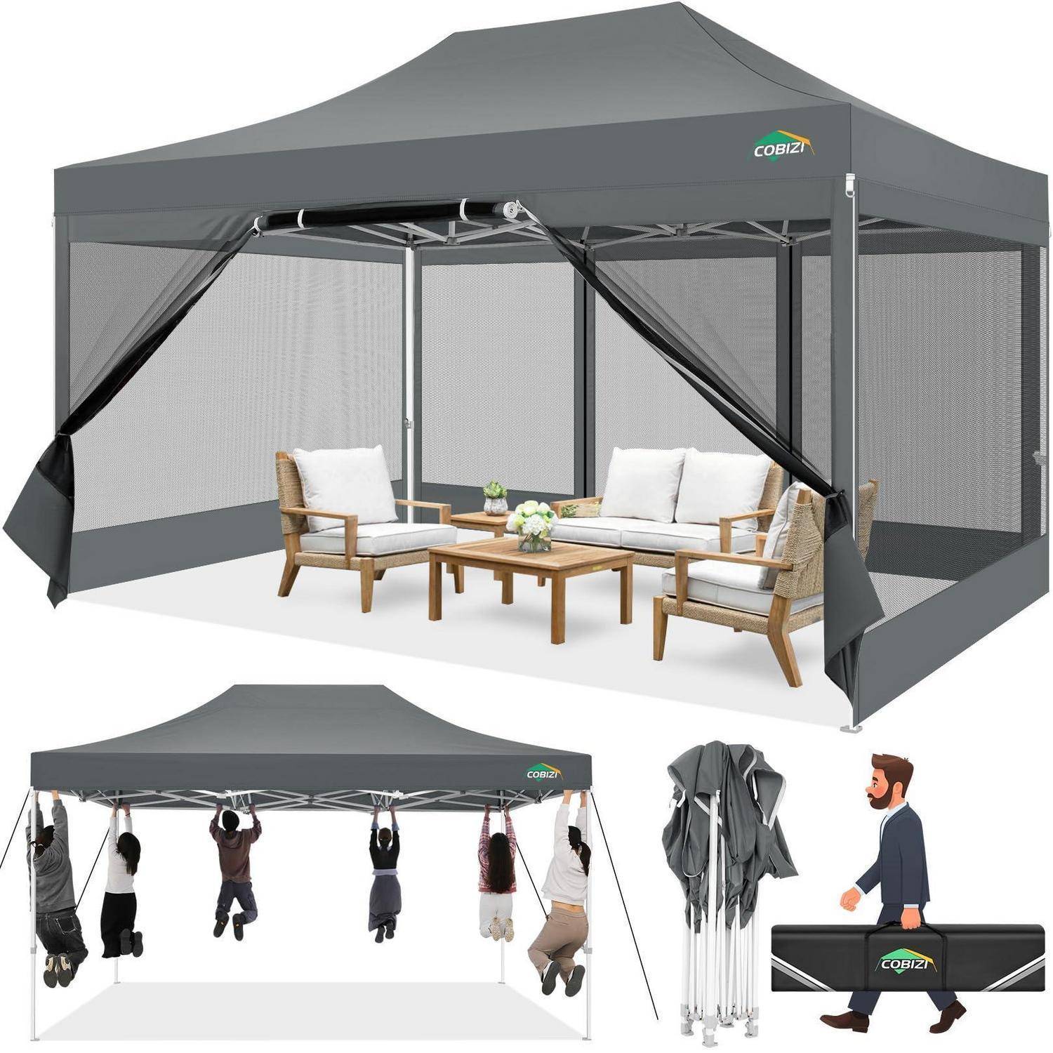 Falt-Pavillon/Zelt mit Netzseitenwänden und Vorhängen, gezeigt als aufgebauter Außensitzbereich und zusammengeklappt in einer Tragetasche mit Personen, die ihn zusammenbauen.