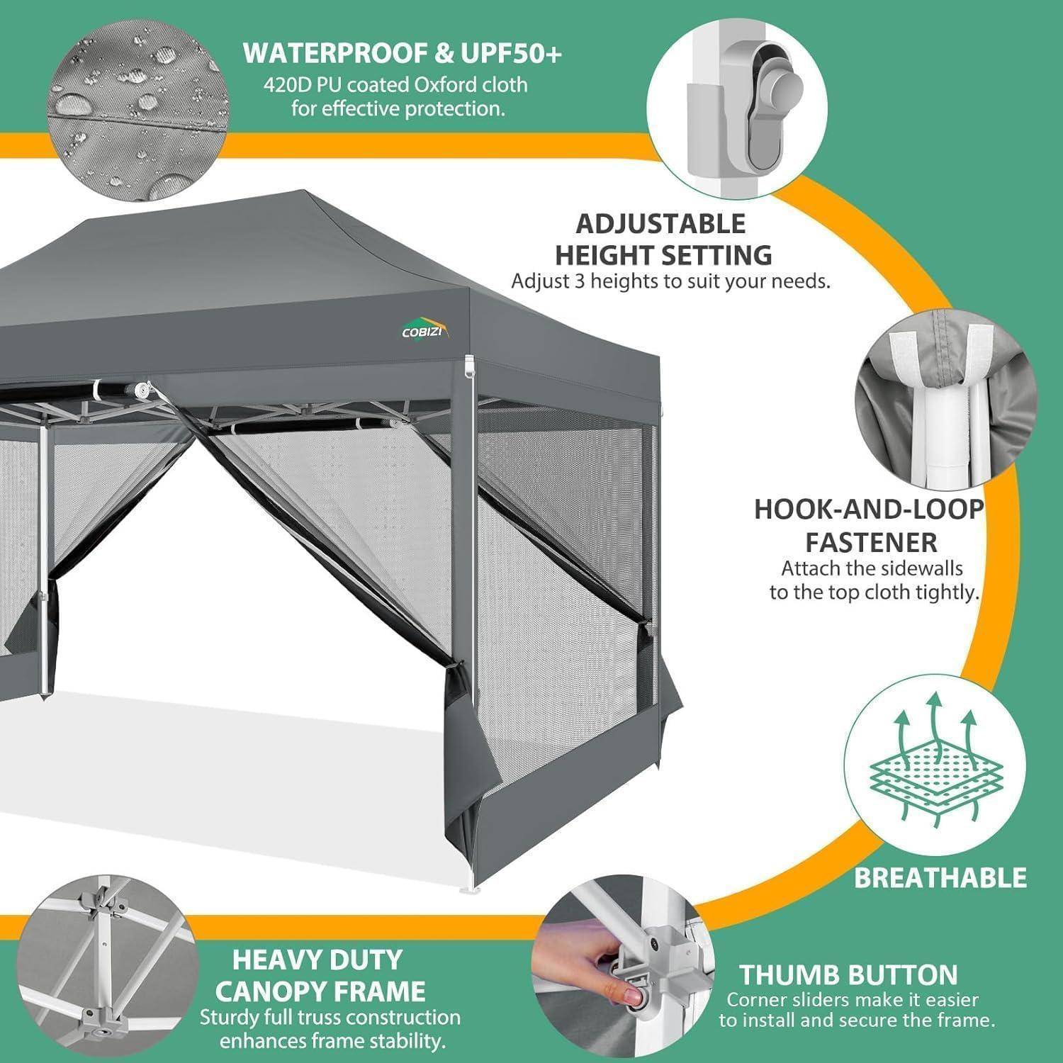 Illustrierte graue Pop-Up-Markise mit Funktionshinweisen: wasserdichtes UPF50+-Gewebe, verstellbare Höhe, Klettverschluss, atmungsaktive Seitenwände, robustes Gestell und Druckknopf-Ecken.