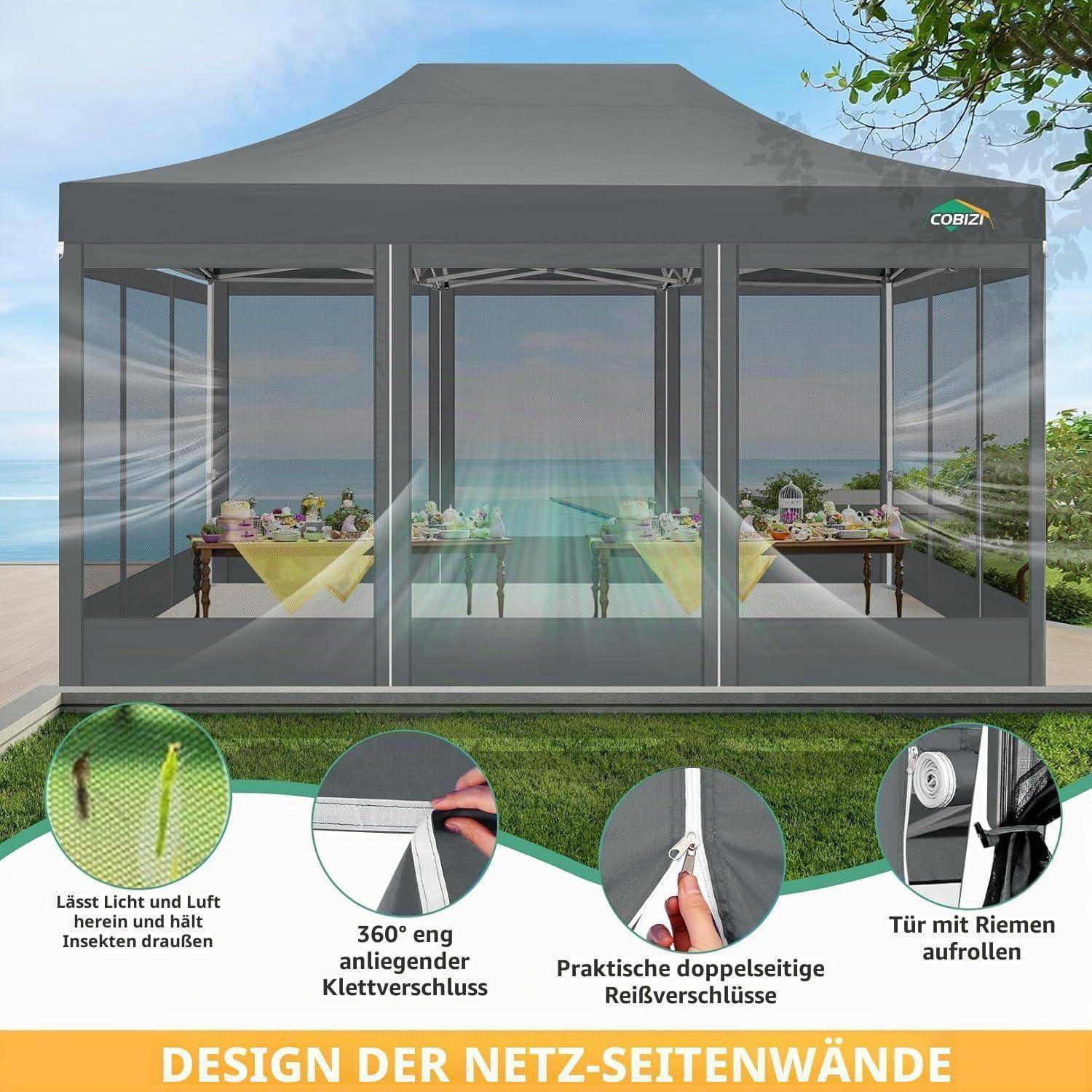 Illustriertes Terrassenzelt mit Mesh-Seitenwänden und Meerblick, das folgende Merkmale zeigt: Insektenschutzgewebe, 360-Grad-Reißverschlussschließung, beidseitige Reißverschlüsse und aufrollbare Türriemen.