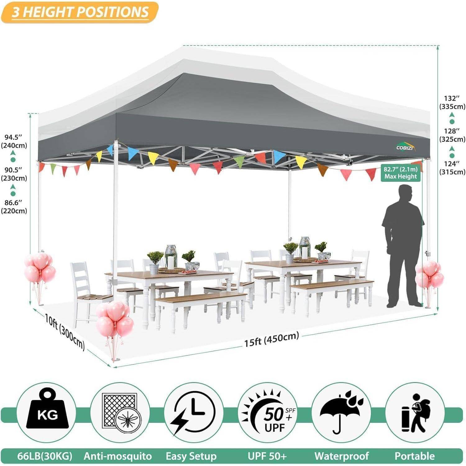 Abbildung eines 15 x 10 Fuß Pop-Up-Pavillon-Zelts mit drei Höheneinstellungen, max. 82,7 Zoll, wasserdicht, UPF 50+, antimückenschutz, einfacher Aufbau und tragbar.