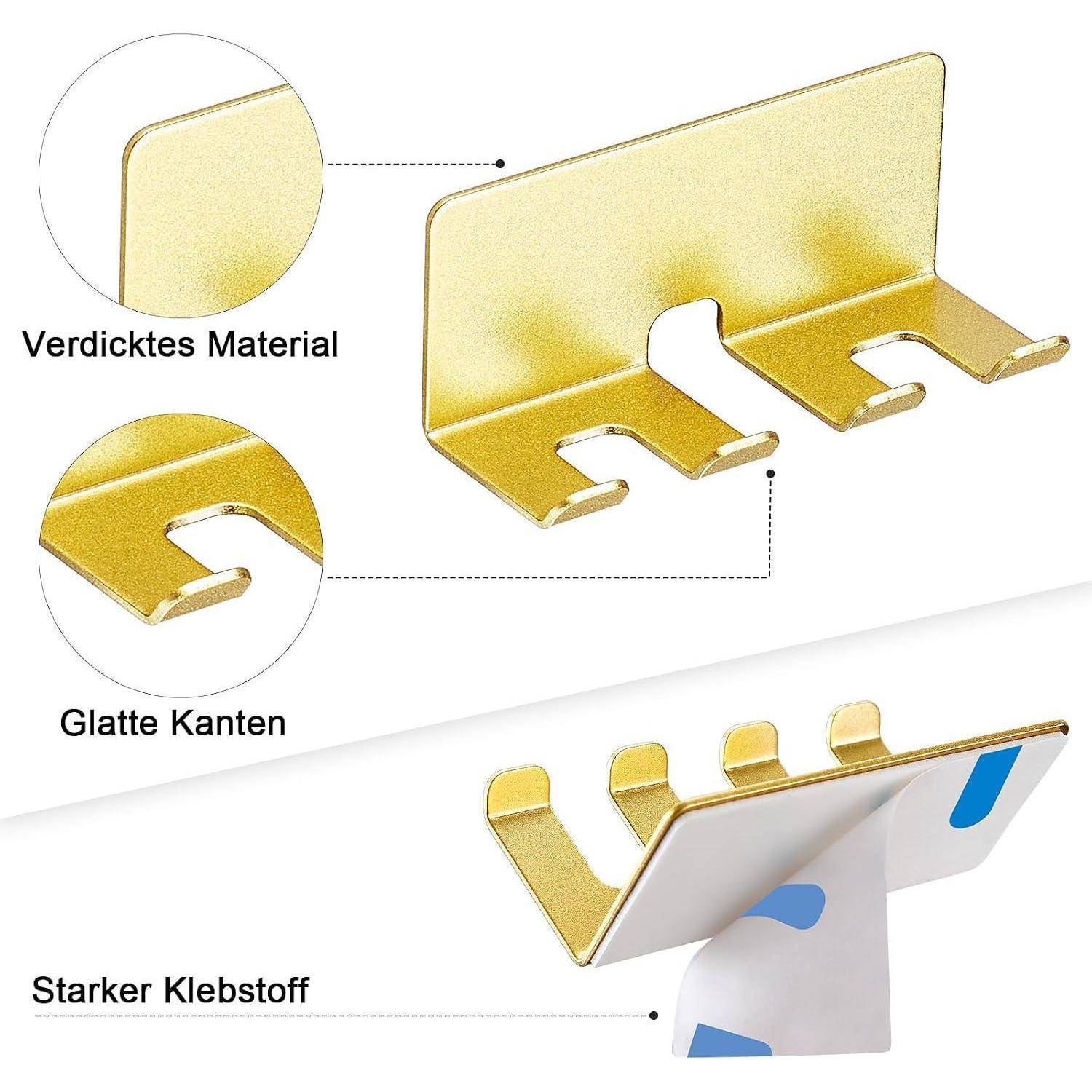 Illustration eines goldenen Klebewandhakens mit verstärktem Material, glatten Kanten und starkem Klebstoff, der ihn an einer Oberfläche hält.