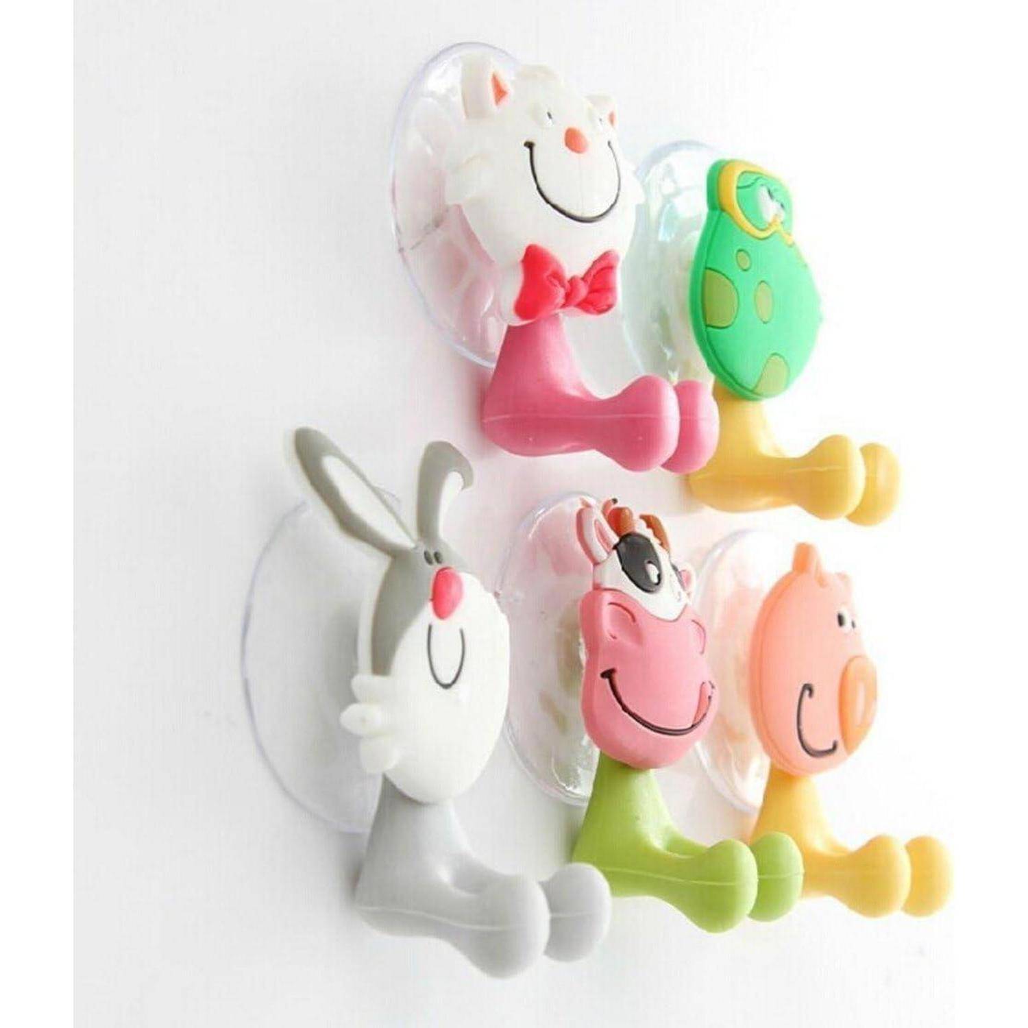 Bunte Cartoon-Tier-Wandhaken mit Saugnäpfen, einschließlich eines Kaninchens, einer Katze, einer Schildkröte, eines Schweins und einer lächelnden Figur auf weißem Hintergrund.