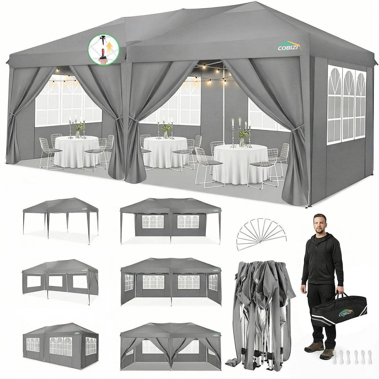 Graues Pop-Up-Pavillon-Zelt, das montiert mit Seitenwänden, Fenstern, Tischen und Stühlen sowie zusammengeklappten Rahmen und einer Tragetasche neben einem Mann zur Größenangabe gezeigt wird.