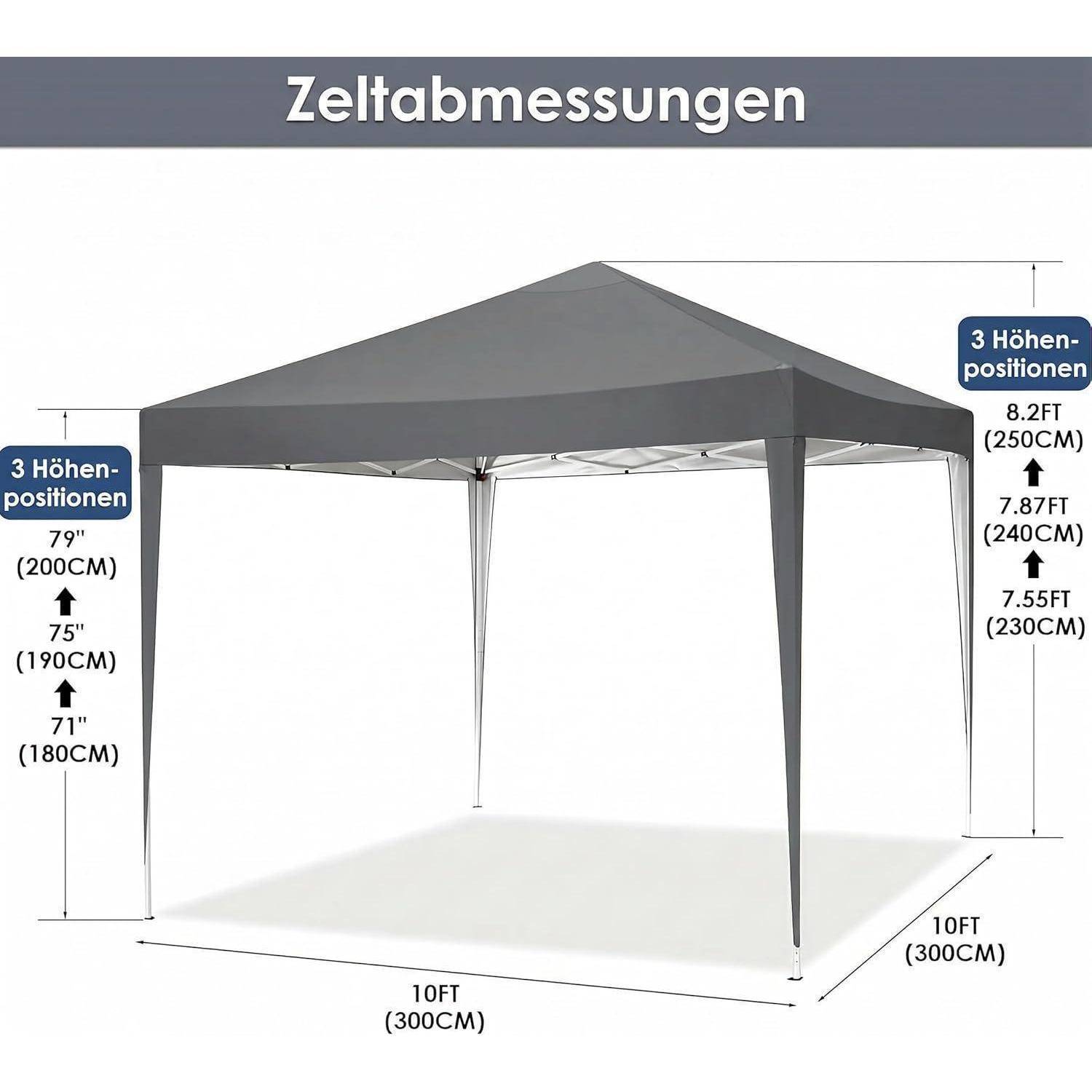 Diagramm eines Baldachrinzelts mit 'Zeltabmessungen'; 3 m x 3 m Grundfläche und 3 Höheneinstellungen: 180 cm, 190 cm und 201 cm.