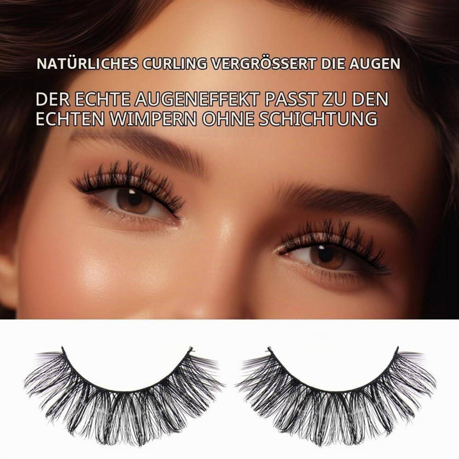 Nahaufnahme von Augen mit langen gekrümmten Wimpern und deutschem Text: „Natürliches Locken vergrößert die Augen