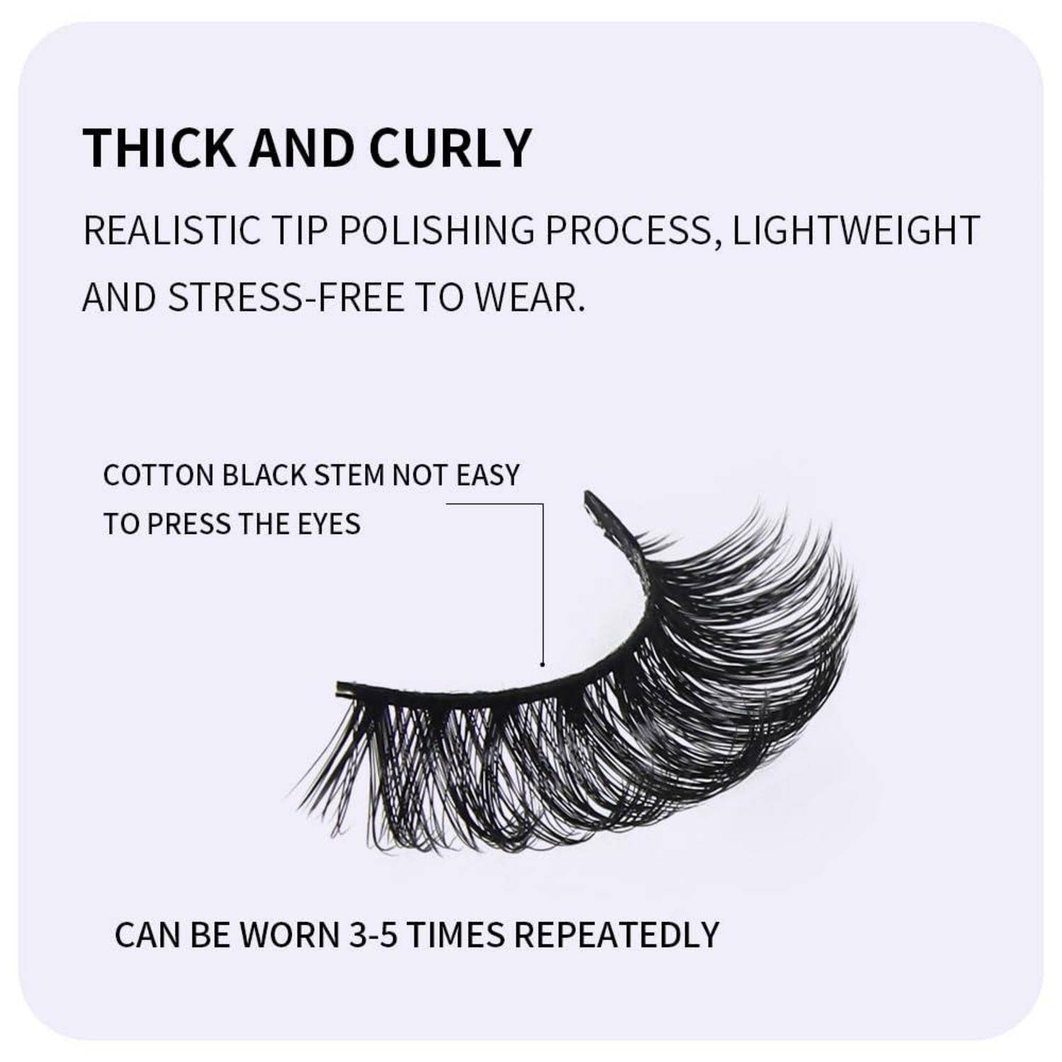 Werbebild von dicken, lockigen falschen Wimpern mit Beschriftungen, die realistische Spitzenpolierung, schwarzen Baumwollschaft und Wiederverwendbarkeit 3-5 Mal hervorheben.