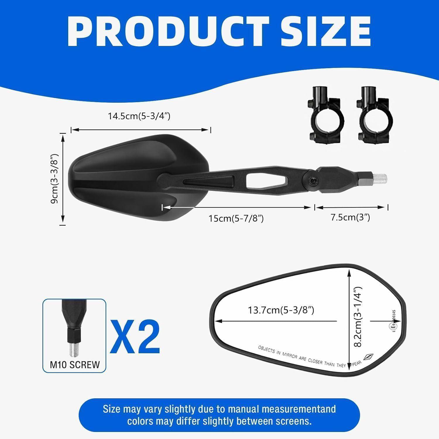 Produktgrößendiagramm für ein schwarzes schaufelähnliches Werkzeug mit den Abmessungen 14,5 cm, 9 cm, 15 cm und 7,5 cm sowie x2 M10-Schraube und Griffmessungen.