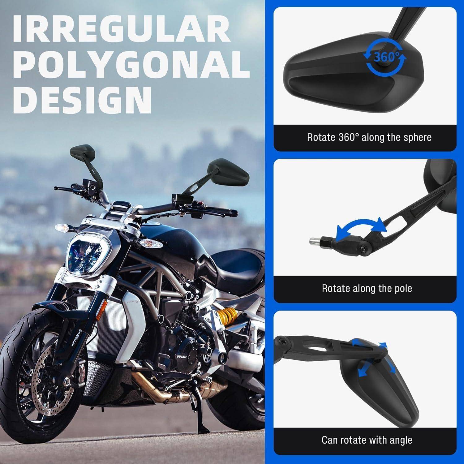 Werbebild eines Motorradseitenspiegels mit der Bezeichnung „UNREGELMÄSSIGES POLYGONALES DESIGN
