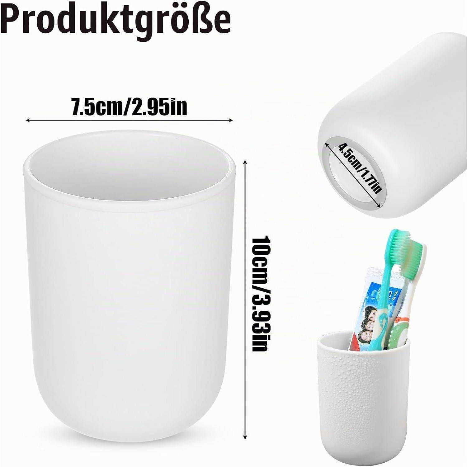Weißer zylindrischer Becher mit Abmessungen: 10 cm hoch, 7,5 cm breit, 4,5 cm Öffnung; mit „Produktgröße