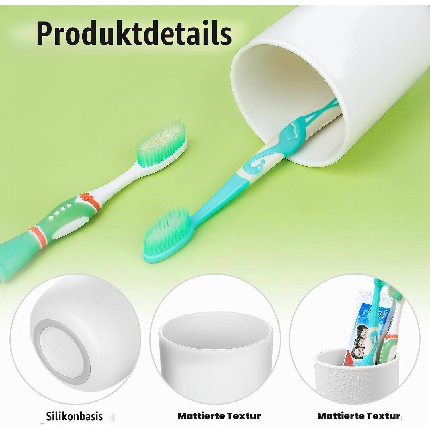 Produktdetails für Zahnbürstenbecher und Zahnbürsten für Kinder auf grünem Hintergrund, zeigt einen weißen Becher mit türkisfarbenen Zahnbürsten und drei detaillierte Merkmalhervorhebungen: Silikonbasis und strukturierte Oberfläche.