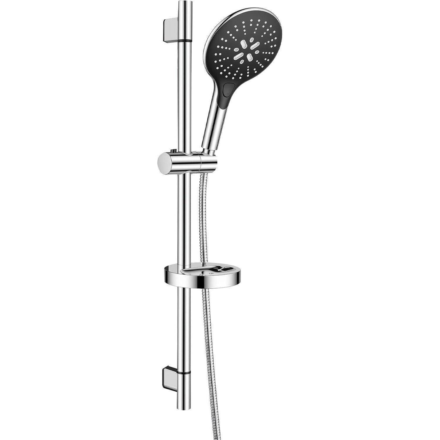 Chrom-Duschstange mit verstellbarem Handbrausekopf und Schlauch auf weißem Hintergrund.