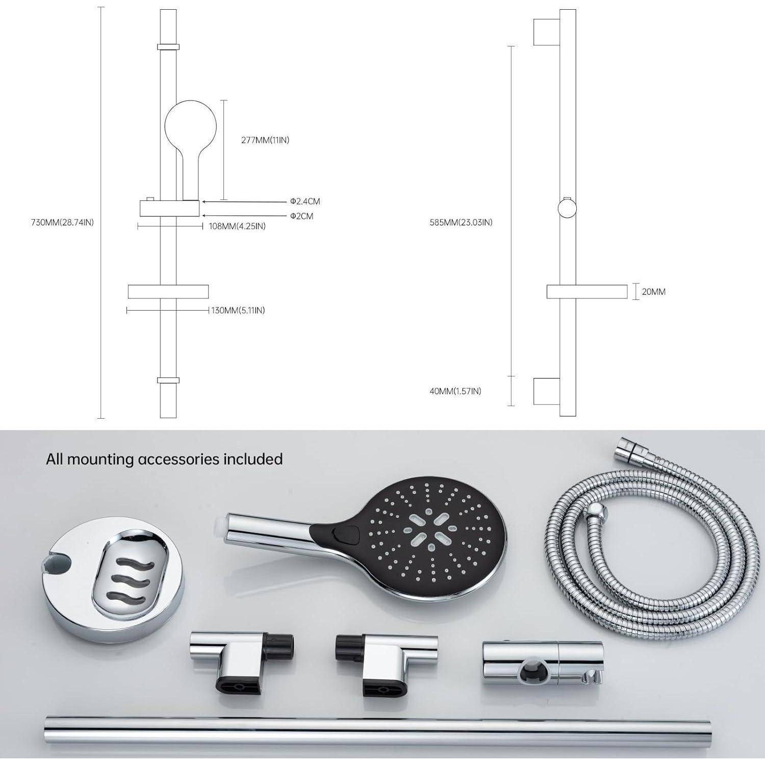 Duschstangen-Set-Diagramm mit Abmessungen und enthaltenen Teilen: verstellbare Gleitstange, Handbrause, Schlauch, Halterungen und Wandbefestigungen.