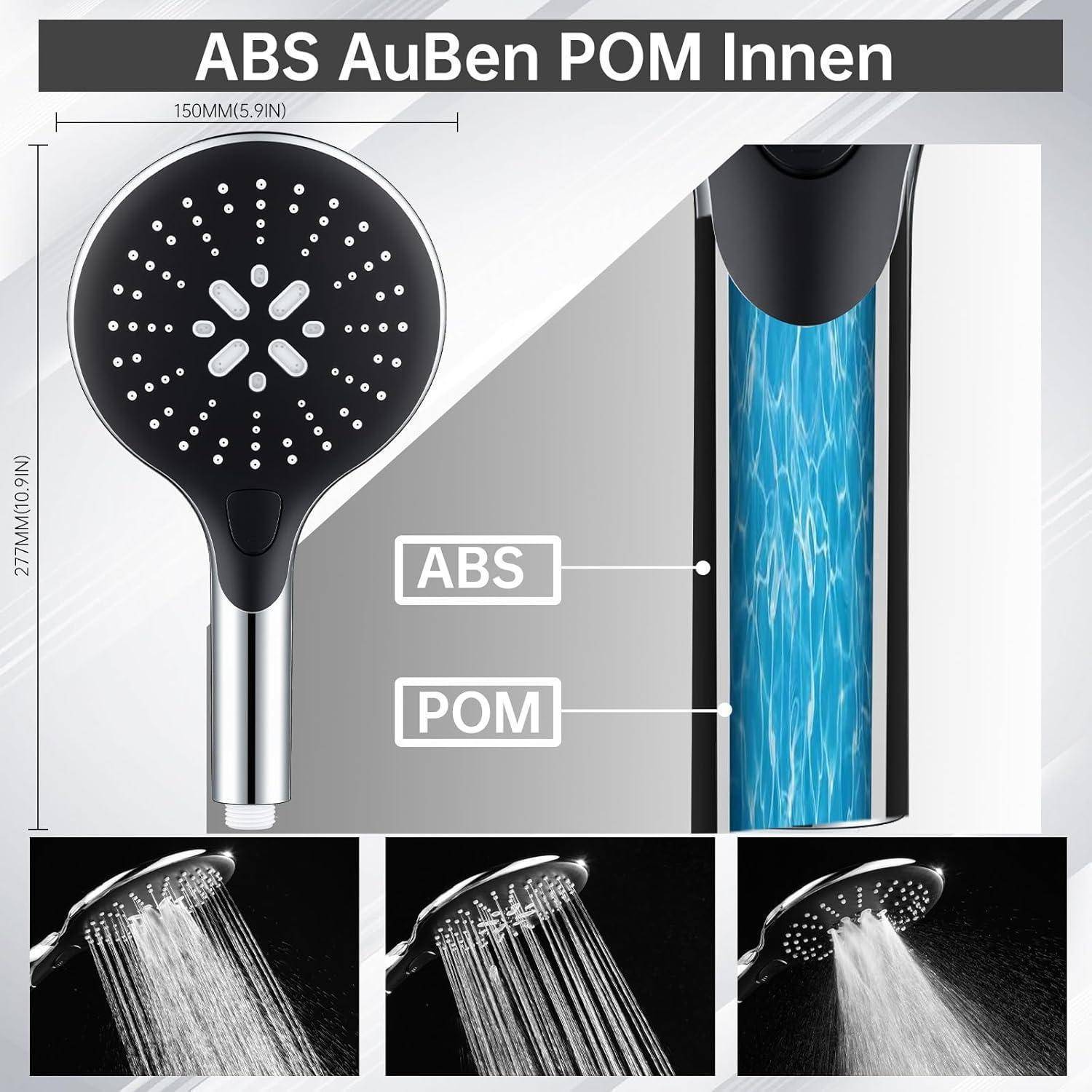 Handbrause-Produktdiagramm mit Abmessungen von 150 mm x 277 mm, ABS/POM-Materialien und drei Sprühbeispiele.