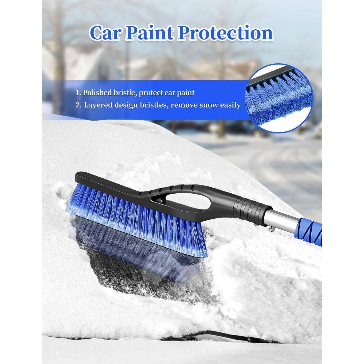 Werbebild einer Schneebürste mit blauen Borsten, die Schnee von einer Autoscheibe räumt. Das Bild ist mit „Autolackschutz