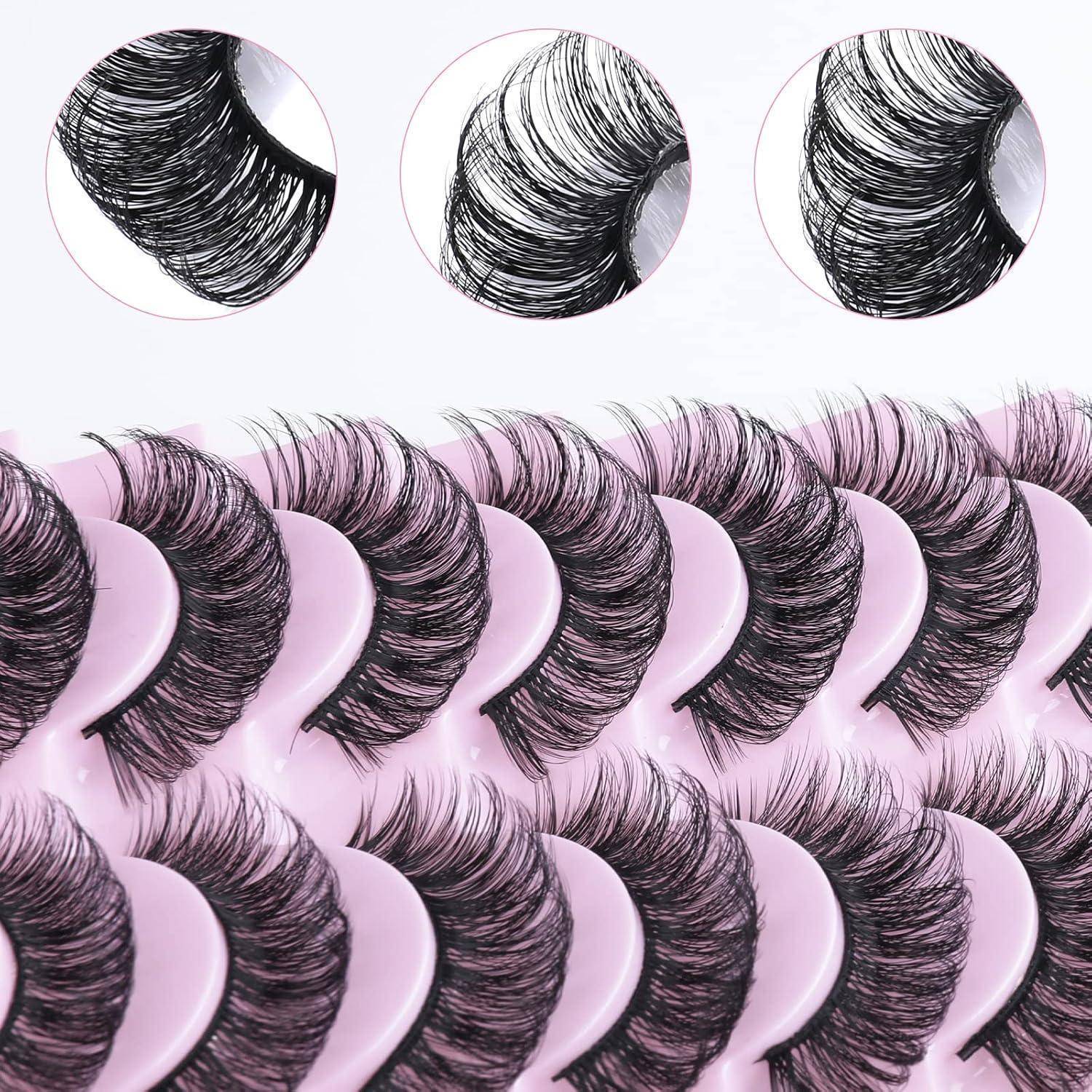 Sortierte künstliche Wimpern in Reihen auf rosa Haltern angeordnet, mit drei kreisförmigen Nahaufnahmen der Wimpernkräuselung und Dicke oben.