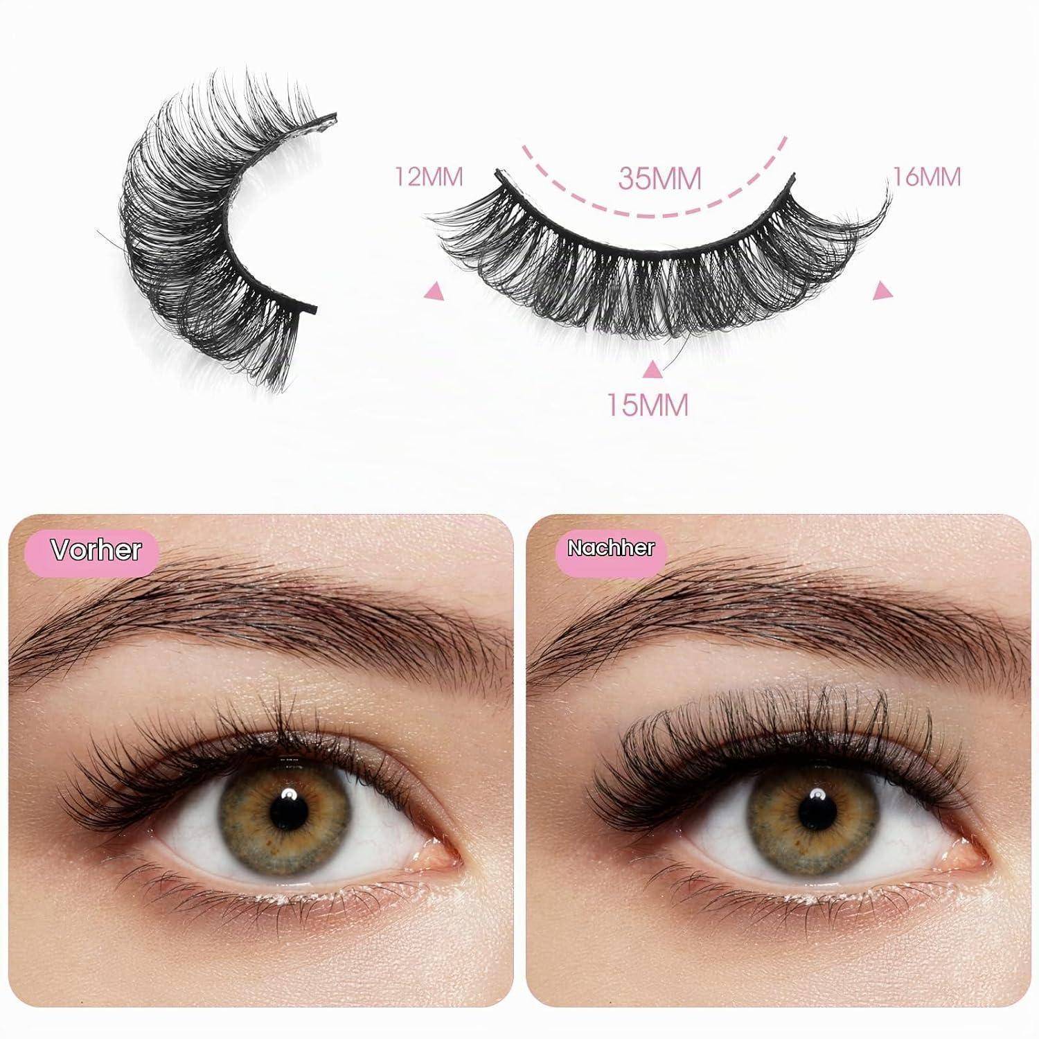 Künstliches Wimpernband mit 35 mm Länge, oben dargestellt, mit Vorher-und-Nachher-Fotos mit den Beschriftungen „Vorher