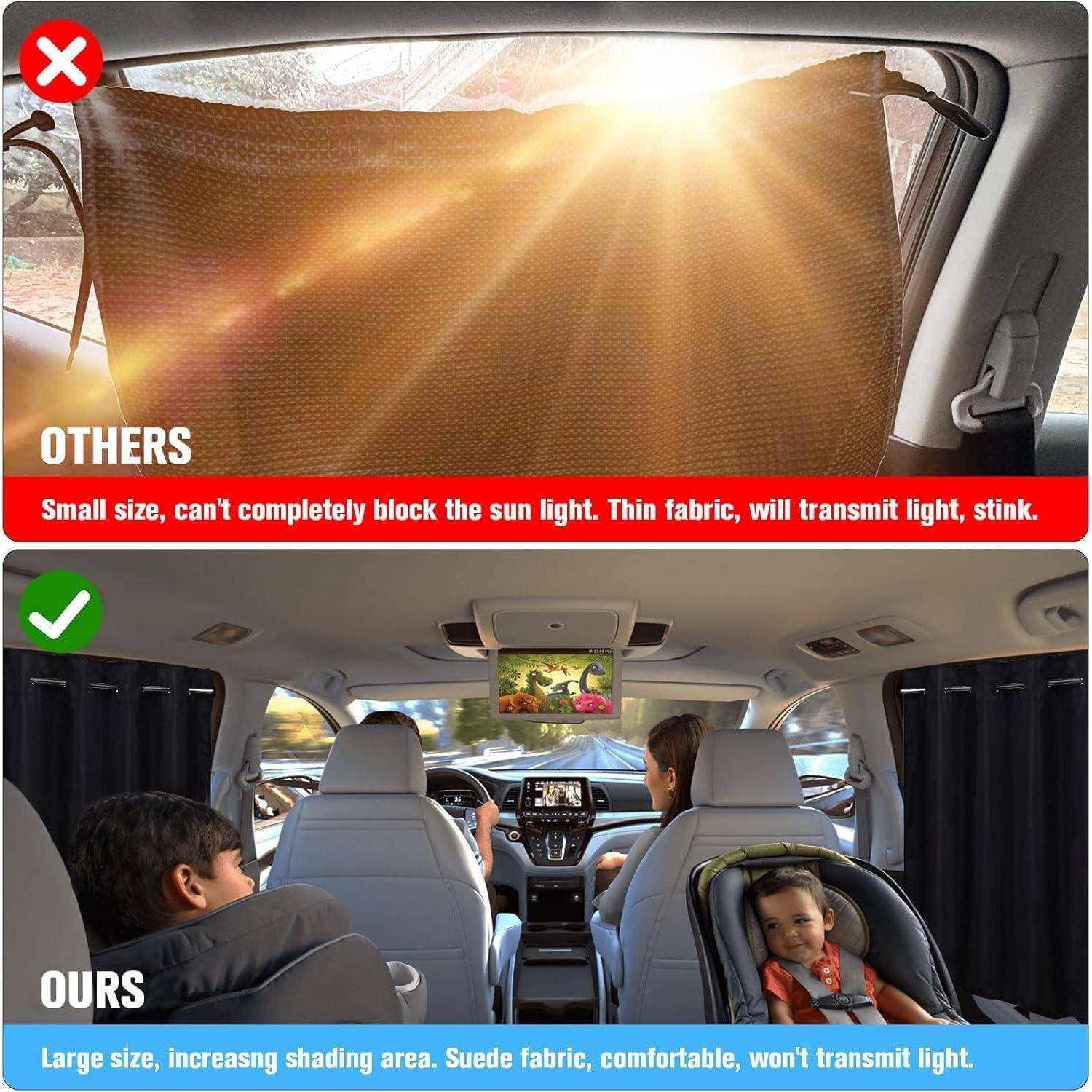 Vergleich von Autofenster-Sonnenschutzen: Der obere kleine Sonnenschutz lässt Sonnenlicht durch; der untere größere Sonnenschutz blockiert Licht und deckt eine größere Fläche ab.
