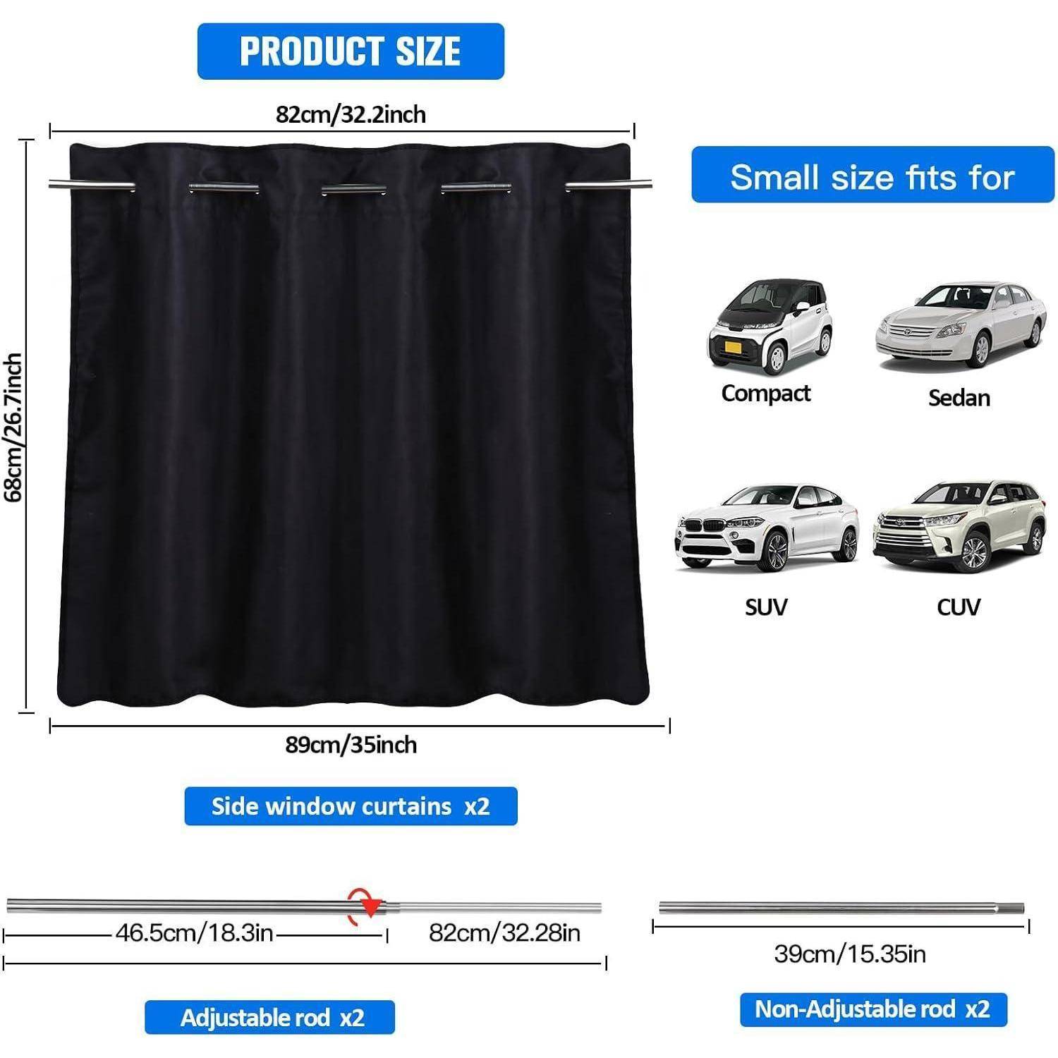 Größentabelle für schwarze Auto-Seitenfenster-Vorhänge: 82 cm breit, 68 cm hoch, passt für Kompaktwagen, Limousinen, SUV und CUV; einschließlich 2 verstellbarer Stangen und 2 nicht verstellbarer Stangen.
