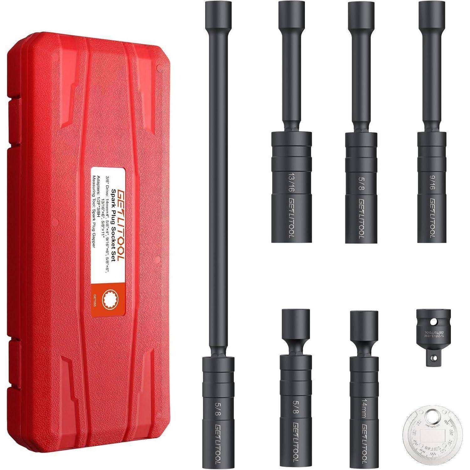 Roter Koffer mit Zündkerzennschlüssel-Set, einschließlich langem Griff und sechs schwarzen Stecknuss-Verlängerungen/Adaptern in verschiedenen Größen.