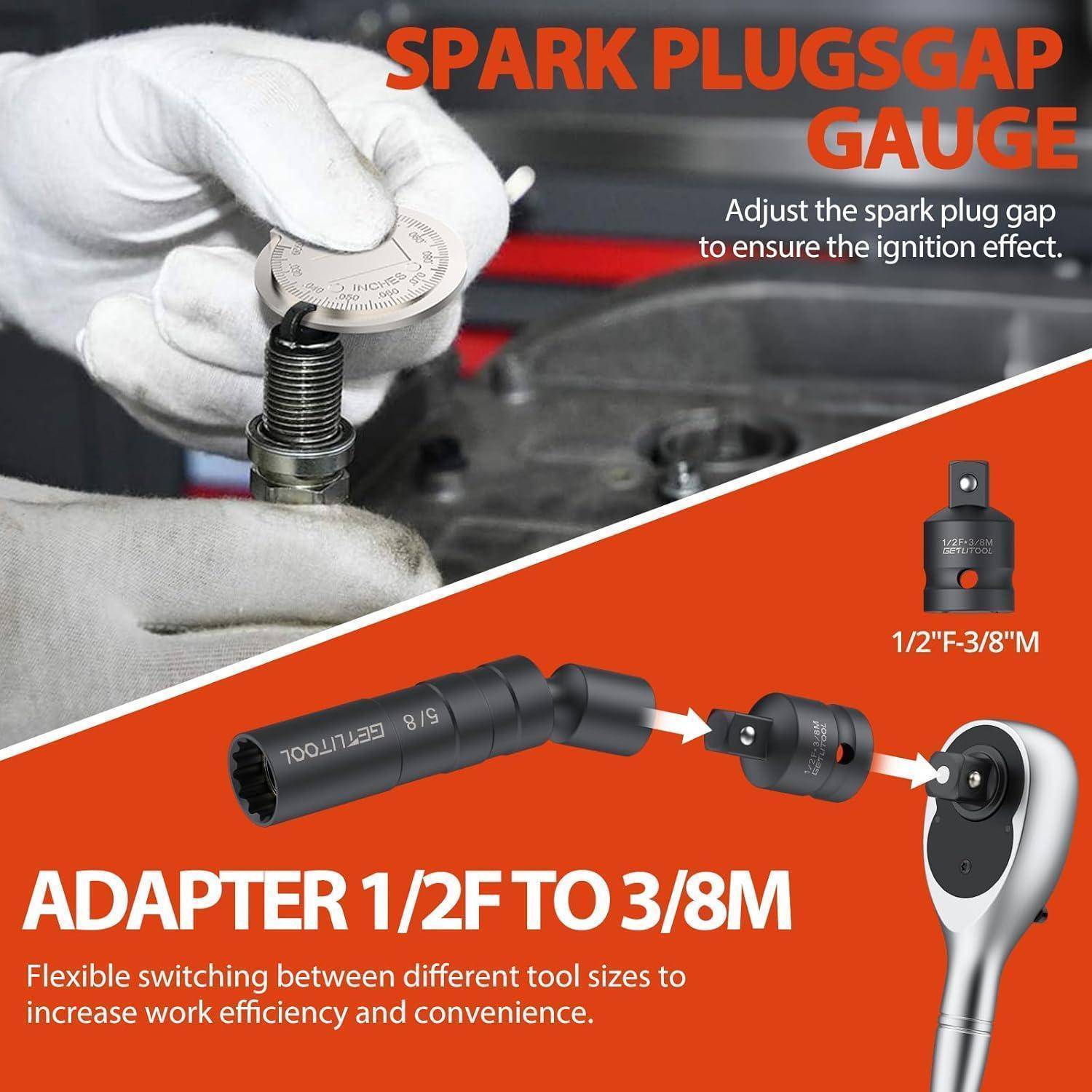 Zündkerzenlückenprüfer und 1/2-Zoll auf 3/8-Zoll-Adapter für eine Ratsche, zeigt, wie man die Zündkerzenlücke einstellt und die Werkzeuggröße wechselt.
